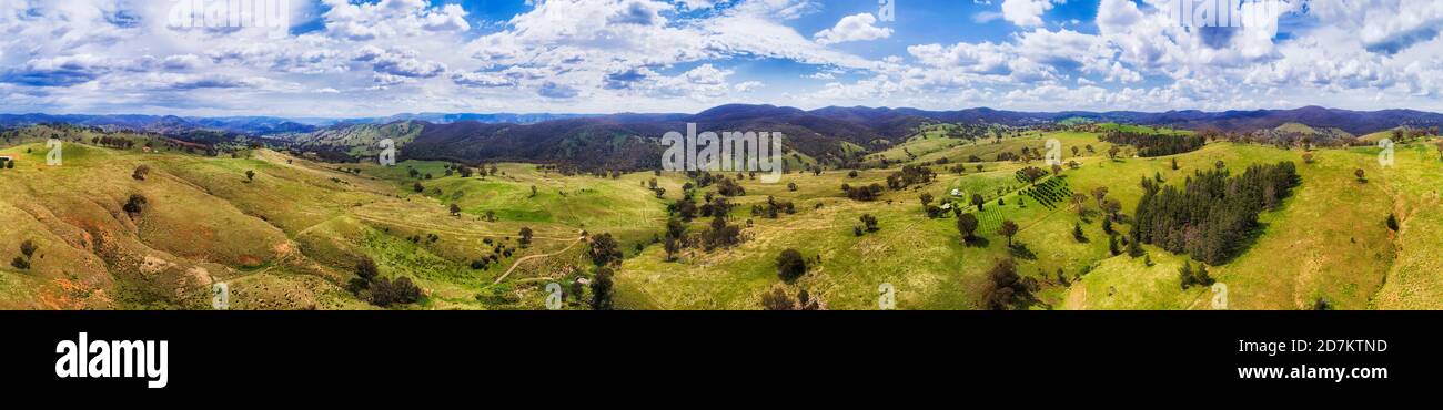 Green Valley in Central West of NSW, Australien - Luftpanorama über Farmen und bewirtschaftete landwirtschaftliche Weiden. Stockfoto