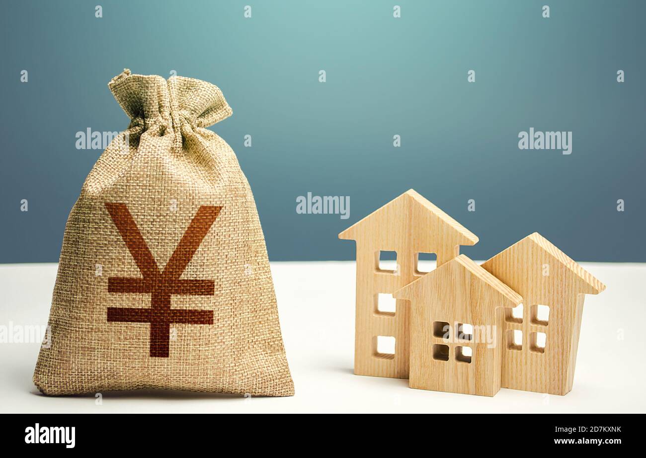 Yuan Yen Geldbeutel und Wohngebäude. Hypothekendarlehen. Städtisches Budget. Kosten für die Wartung und Instandhaltung von Gebäuden. Kauf von Wohnungen. P Stockfoto