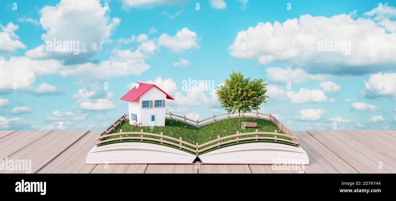 Grüne Wiese mit einem schönen Haus auf offenen Buch 3d 3D-Illustration rendern Stockfoto