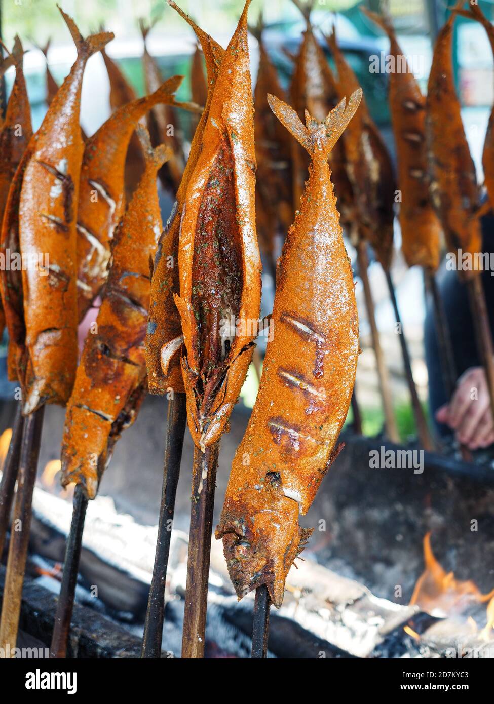 Schmackhafter Fisch - Makrelen mit rotem Pfeffer auf Sticks gegrillt. Street Food in Österreich. Stockfoto