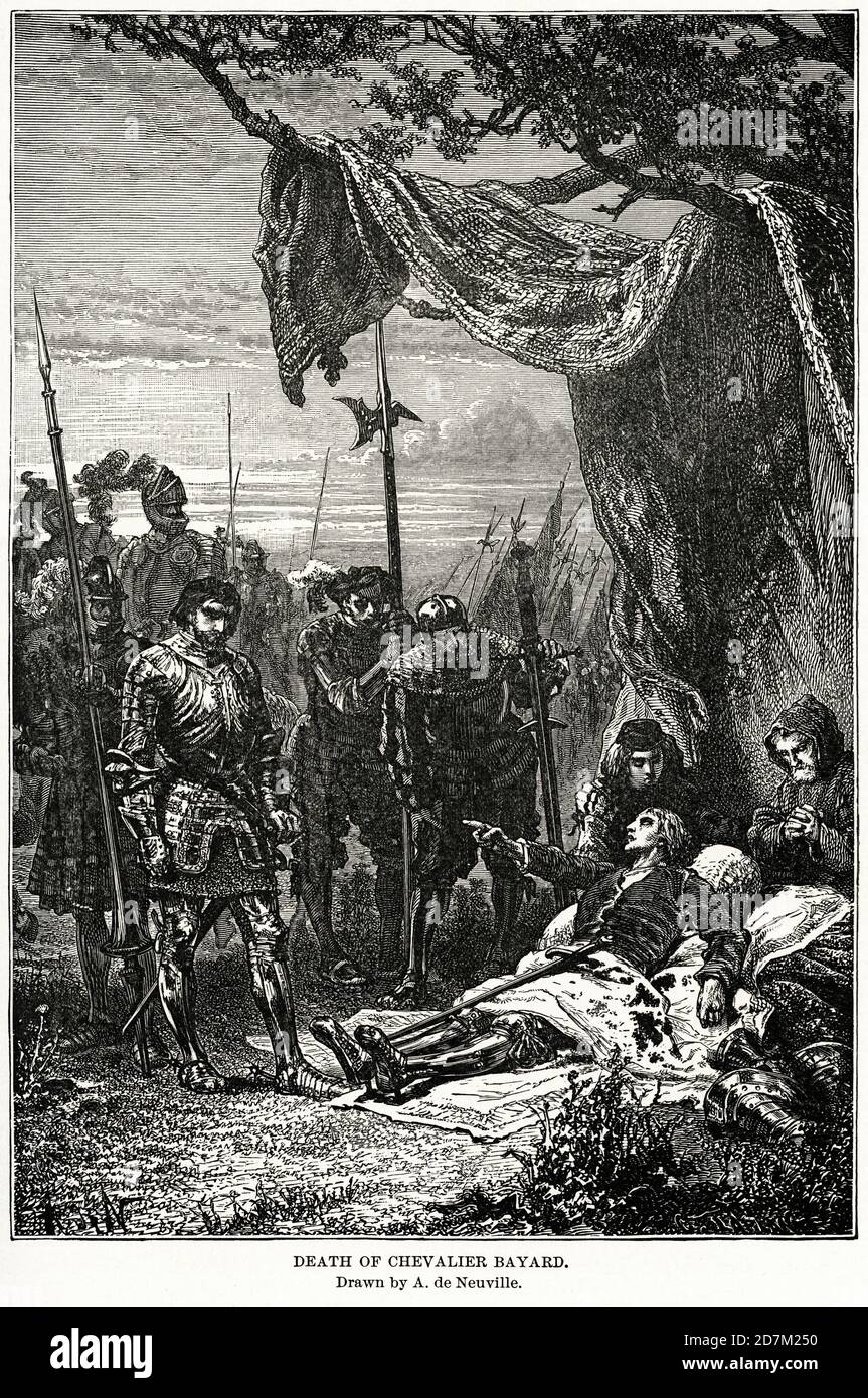 Tod von Chevalier Bayard, gezeichnet von A. de Neuville, Illustration, Ridpath's History of the World, Band III, von John Clark Ridpath, LL. D., Merrill & Baker Publishers, New York, 1897 Stockfoto
