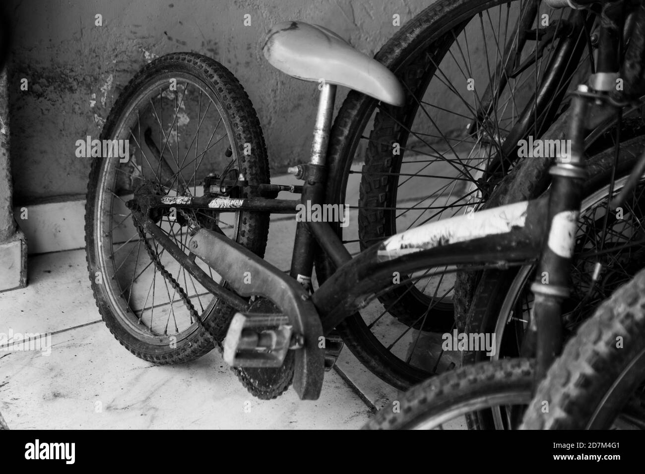 Graustufenaufnahme von Reifen von Fahrrädern in der Garage Stockfoto