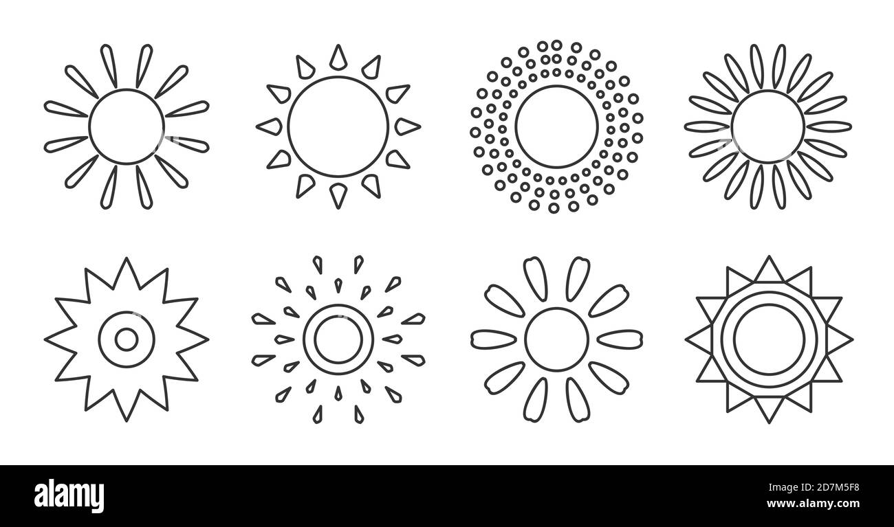Satz von schwarzen Linien-Sonnensymbolen. Leere einfache verschiedene Formen Solar. Design Logo Elemente Sonnenlicht Morgen, Wetter, Frühling. Rundes Piktogramm sonnige Energie für Web oder App. Isolierte Vektordarstellung Stock Vektor