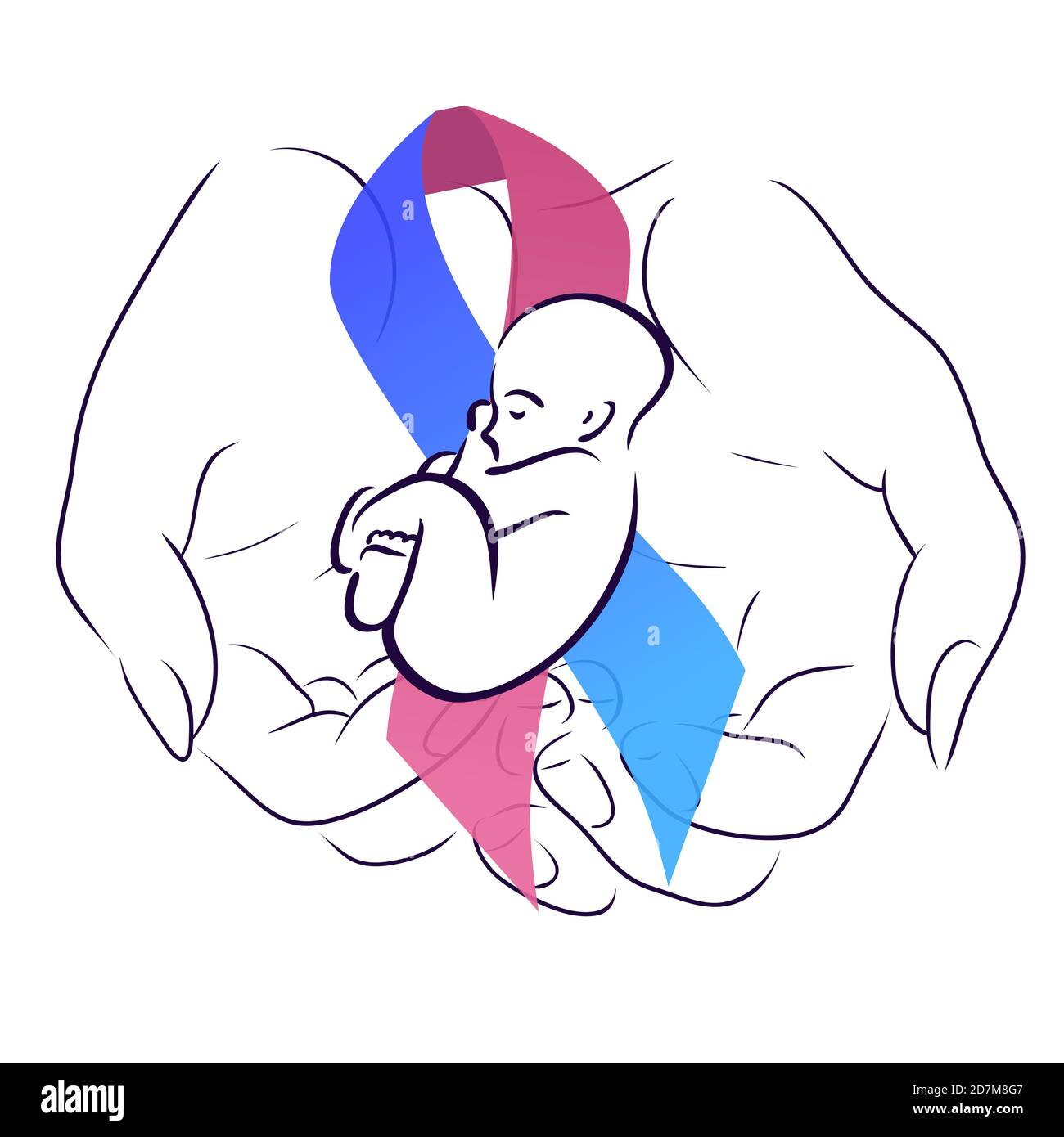 Internationaler Tag der Frühgeborenen. Frau Hand mit festlichem Band mit einem Baby. Mutterschaft und Fürsorge. Das Objekt ist vom Hintergrund getrennt. Ve Stock Vektor