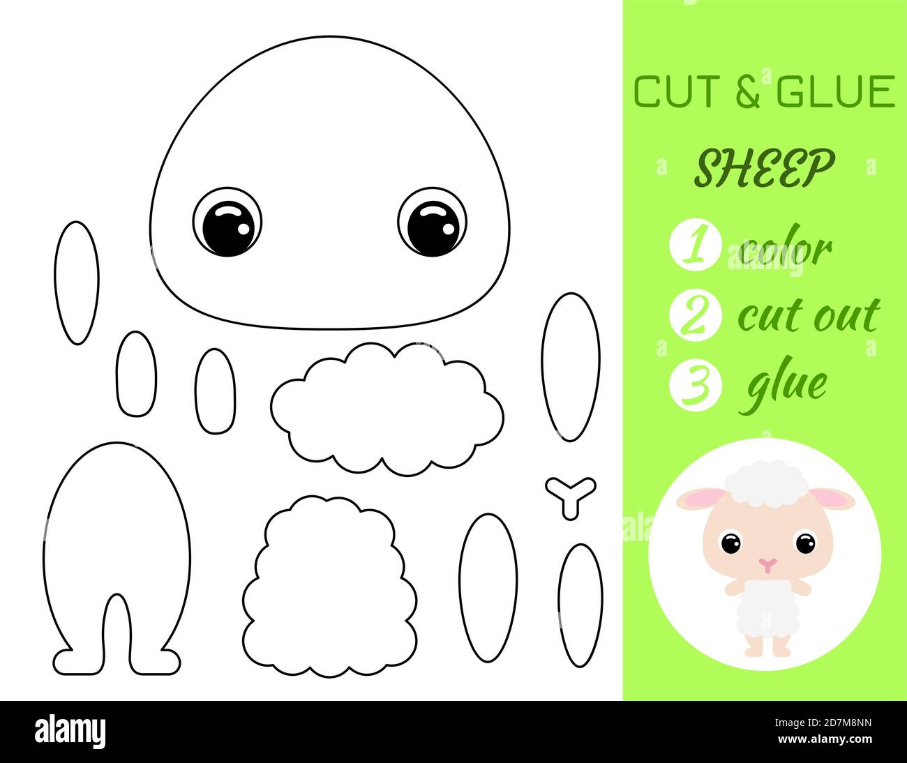 Malbuch schneiden und kleben Baby Schafe. Pädagogische Papier Spiel für Vorschulkinder. Arbeitsblatt ausschneiden und einfügen. Farbe, Schnittteile und Kleber auf Papier.Warenkorb Stock Vektor
