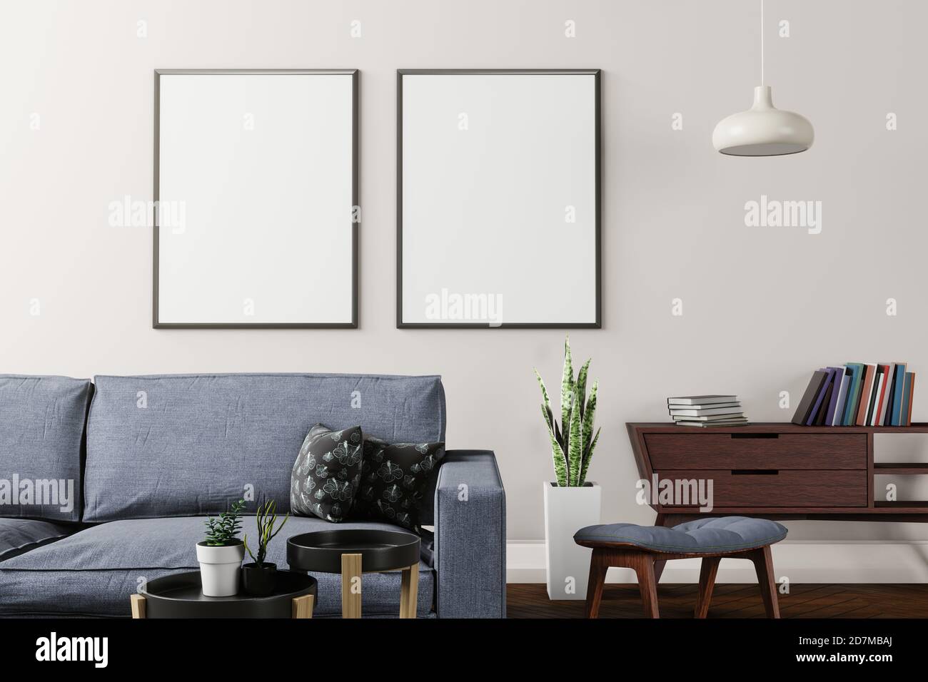 Mock up Poster Rahmen in modernen Innenraum Hintergrund, Wohnzimmer, skandinavischen Stil, 3D-Illustration Stockfoto