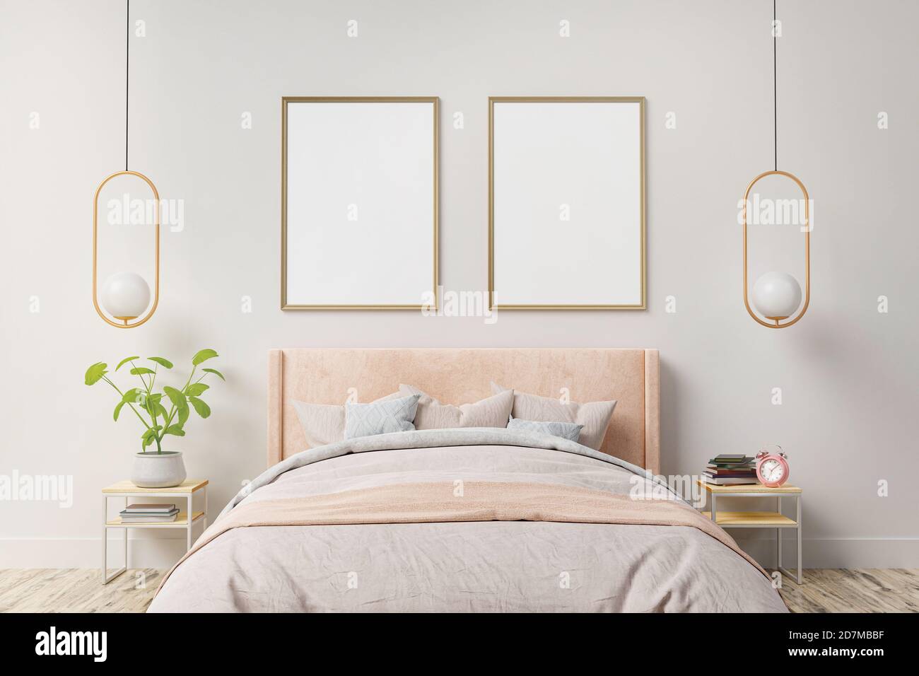 Innenpostermock mit zwei vertikalen Rahmen an der Wand in Wohnschlafzimmer Innenraum. 3D-Rendering. Stockfoto