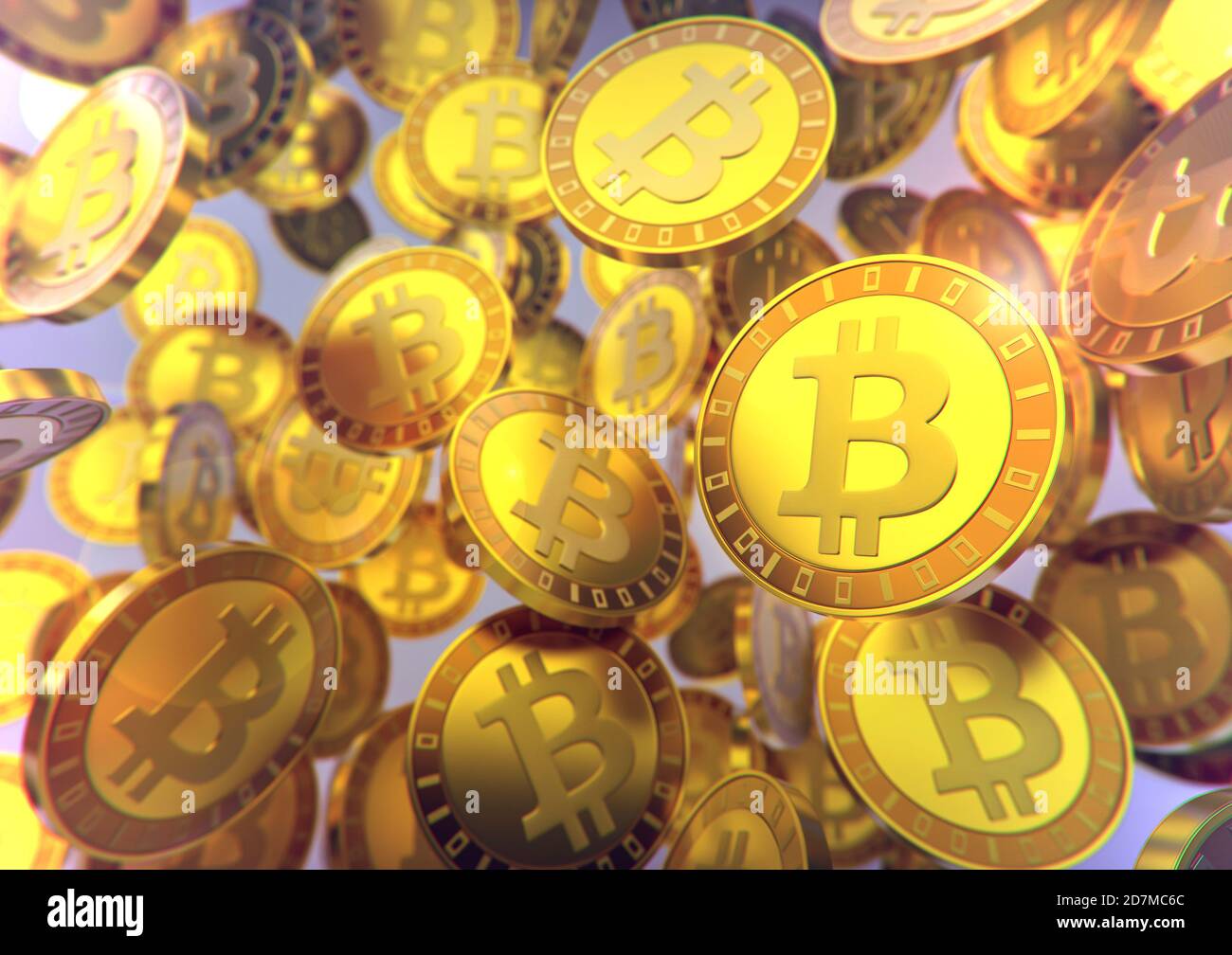 3D-Illustration von Bitcoin-Münzen fallen Stockfoto