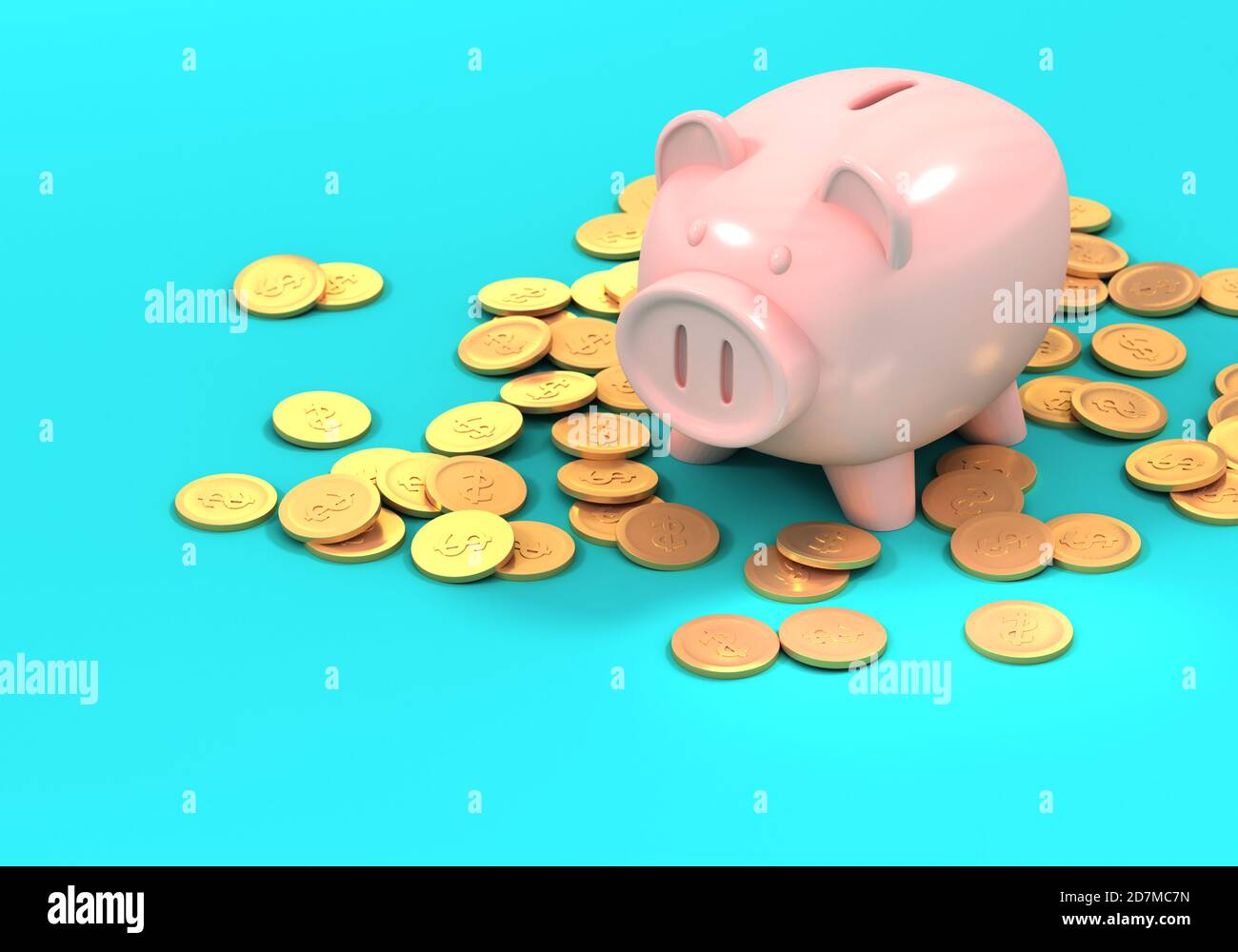 Münzen Geld Reichtum Einkommen sparen mit Sparschwein Konzept mit 3d-Rendering Hintergrund. Stockfoto