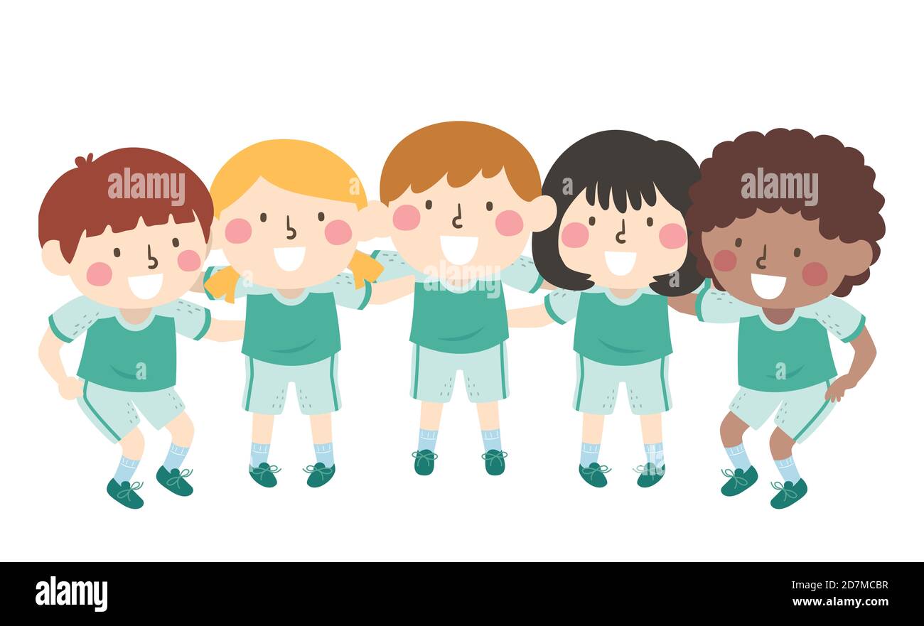 Illustration von Kids Girls und Boys Team in a Huddle, Planning their Game Stockfoto