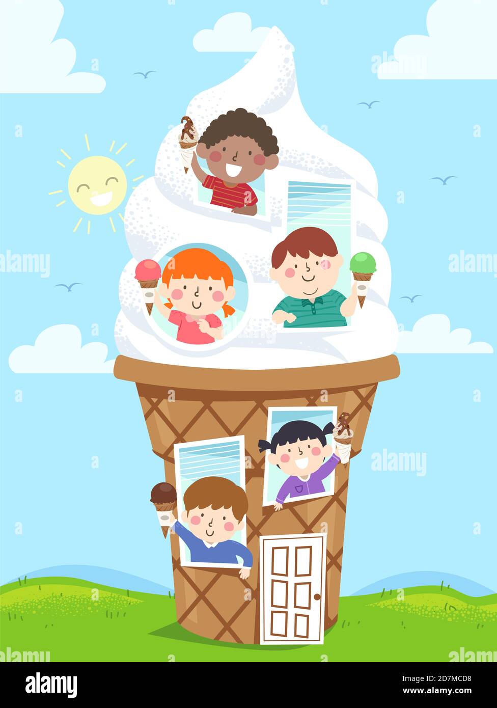 Illustration von Kinder halten Eisschaufel auf Kegel aus In einem Sundae-Haus Stockfoto