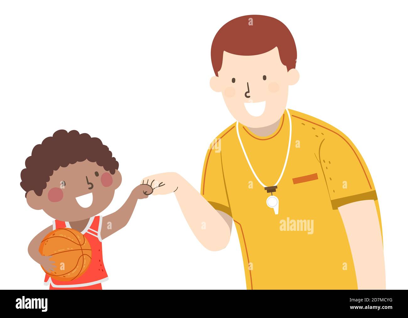 Illustration eines Kid Boy Basketball Spieler Holding Ball und Faust Stößt Seinen Coach Stockfoto