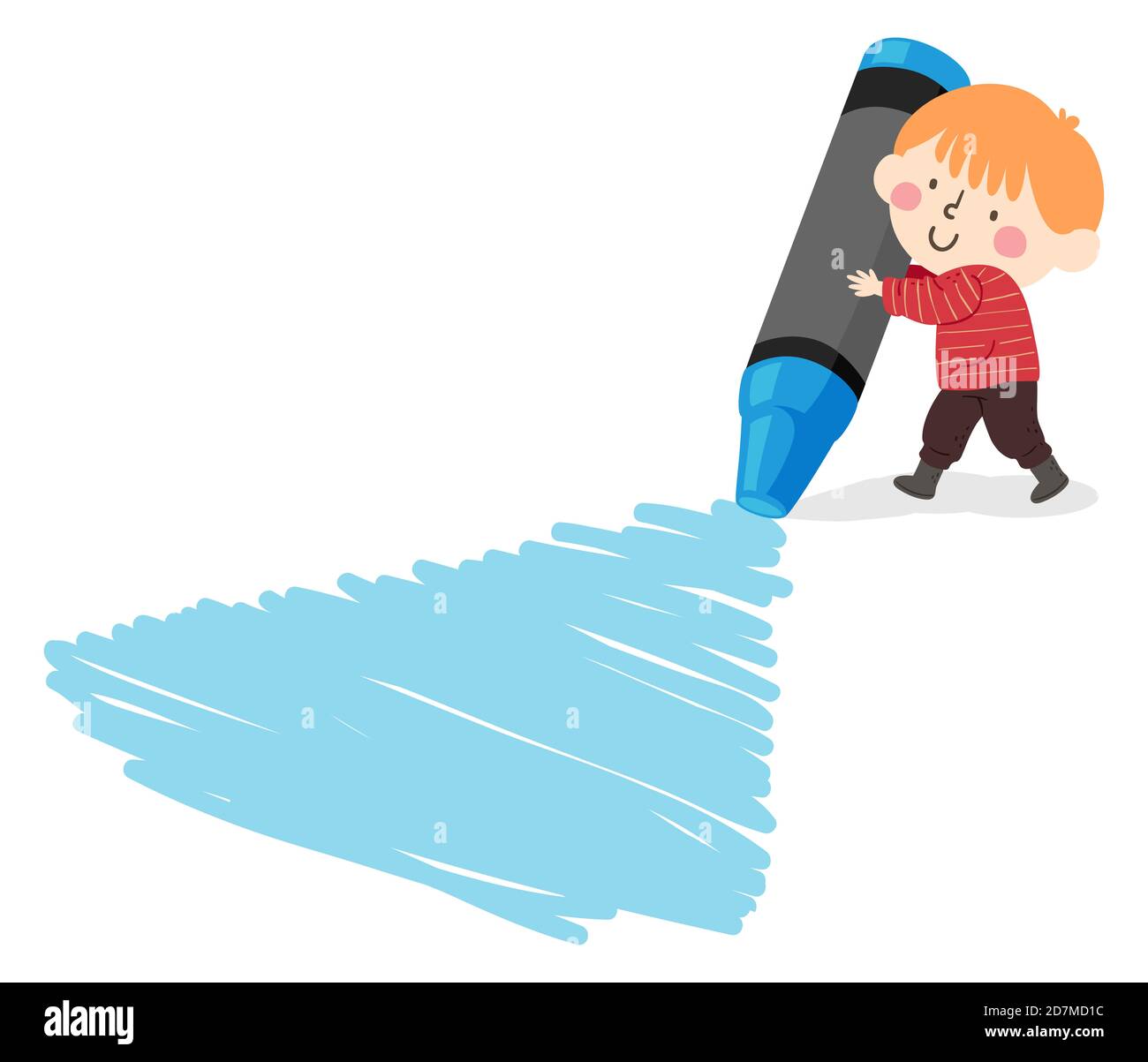 Illustration eines Kid mit einer großen blauen Kreide, Färbung und Kritzeln auf dem Boden Stockfoto