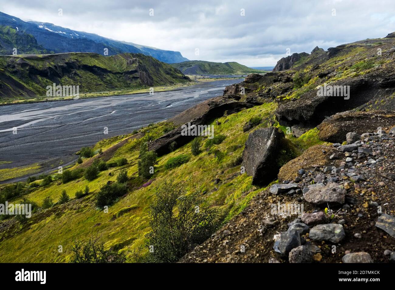 Thórsmörk ist ein Bergrücken in Island, der nach dem nordischen gott Thor (Þór) benannt wurde. Es liegt im Süden Islands zwischen den Gletschern. Stockfoto