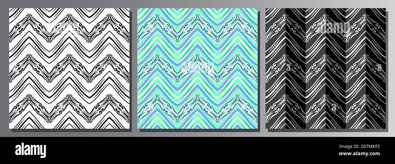 Vektor-Set von nahtlose Muster, 3 quadratische Wiederholung Hintergründe der dunklen Vielfalt Farben, schwarz und weiß verzierten Zickzack nahtlose Muster, hellgrün orn Stock Vektor