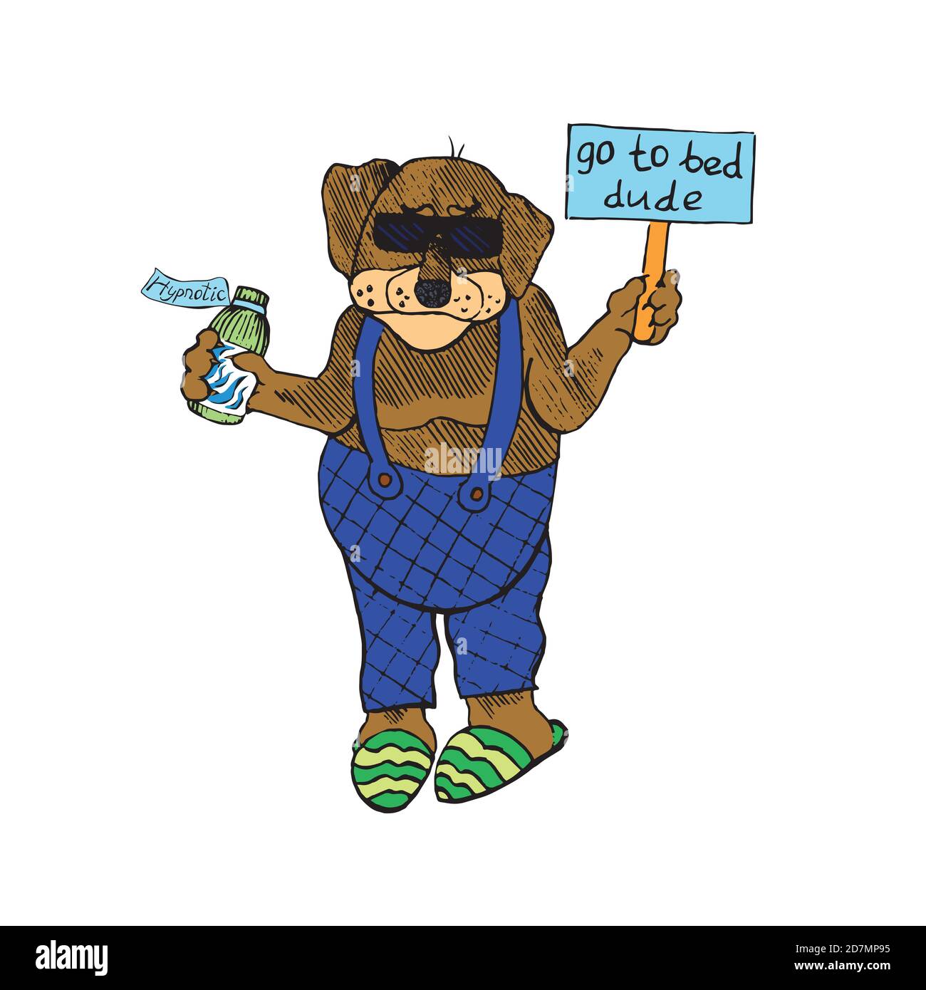 Cartoon-Charakter von funky Hund in Overalls und Hausschuhe in Sonnenbrille mit Flasche mit hypnotischen und Banner gekleidet gehen ins Bett Geck, Hand gezeichnet Stockfoto