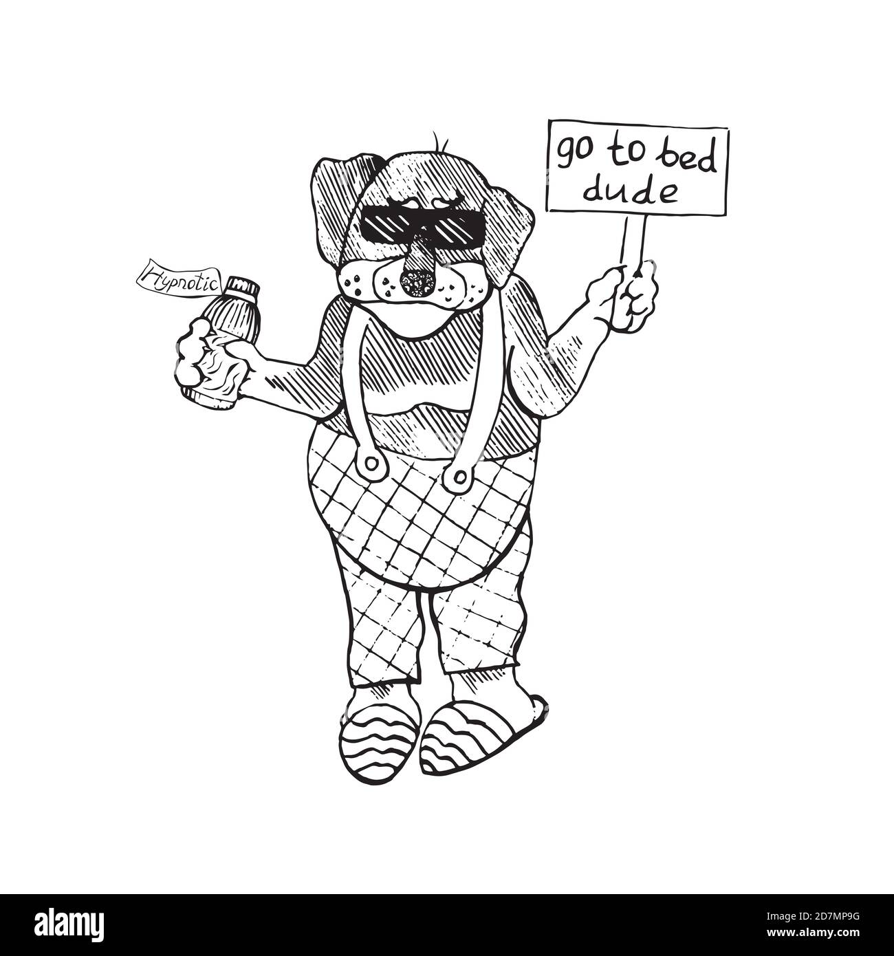 Cartoon-Charakter von funky Hund in Overalls und Hausschuhe in Sonnenbrille mit Flasche mit hypnotischen und Banner gekleidet gehen ins Bett Geck, Hand gezeichnet Stockfoto