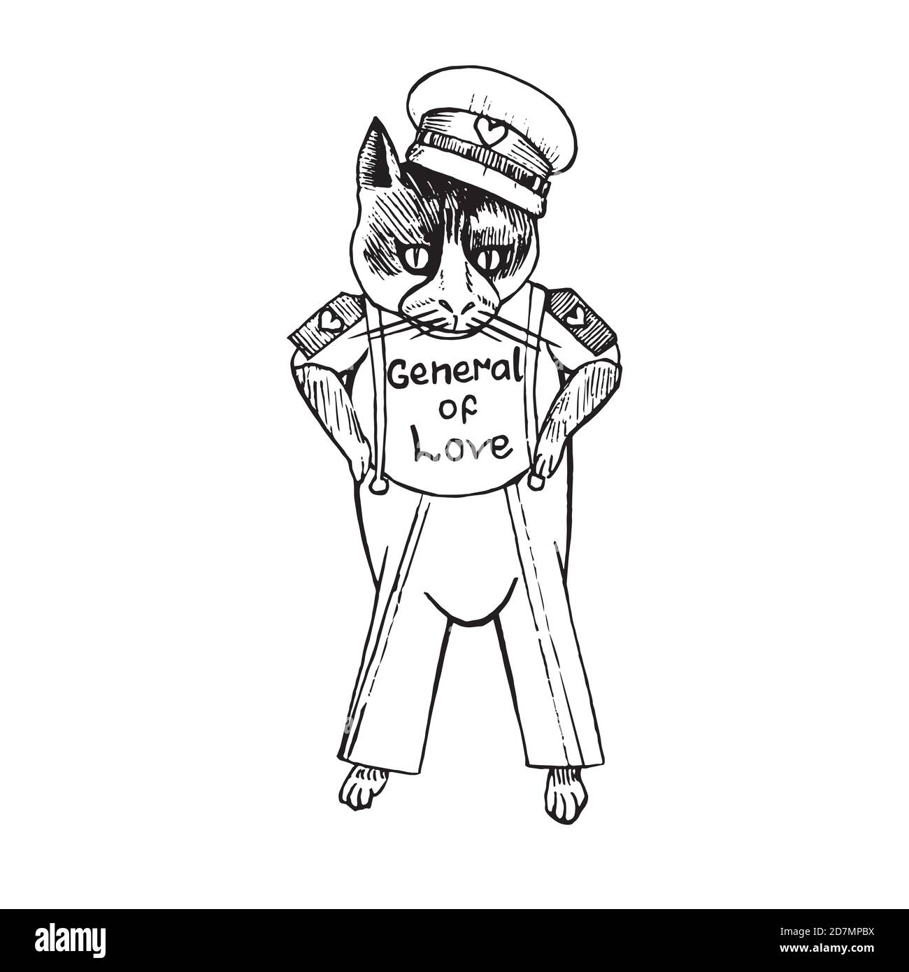 Zeichentrickfigur der funky Katze in sowjetischer Militärform mit Inschrift "General der Liebe", handgezeichnete Doodle-Skizze, isolierte Umrisse illustrat ion Stockfoto