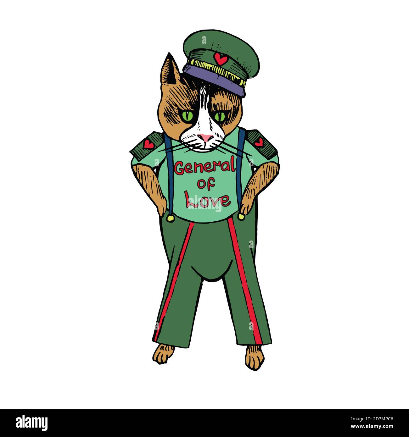 Zeichentrickfigur der funky Katze in sowjetischer Militärform mit Inschrift "General der Liebe", handgezeichnete Doodle-Skizze, isolierte Farbillustratio Stockfoto