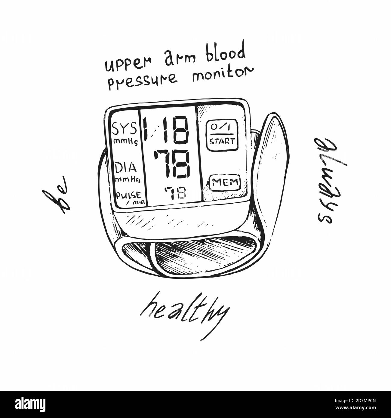 Oberarm Blutdruckmessgerät mit Beschriftung um immer gesund sein,  handgezeichnete Doodle Skizze, isolierte Umrissdarstellung Stockfotografie  - Alamy