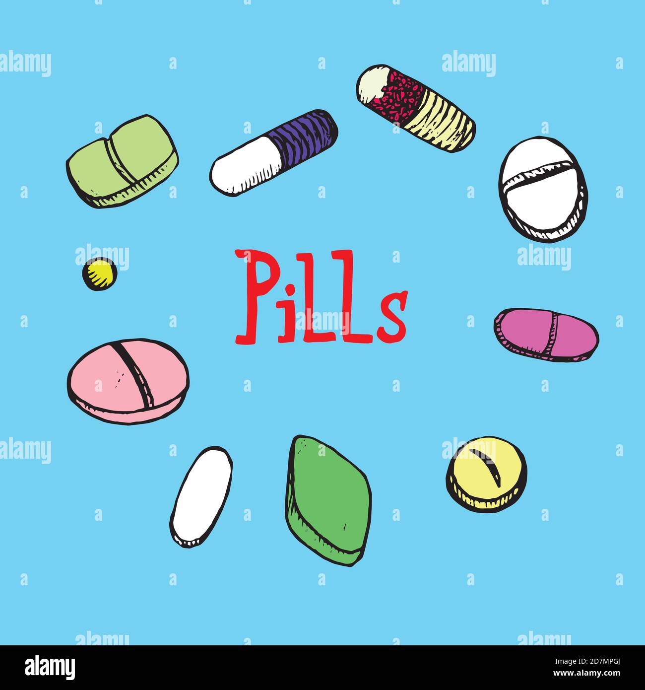 Bunte Pillen um Inschrift, handgezeichnete Doodle Skizze, isolierte Farbdarstellung auf blauem Hintergrund Stockfoto