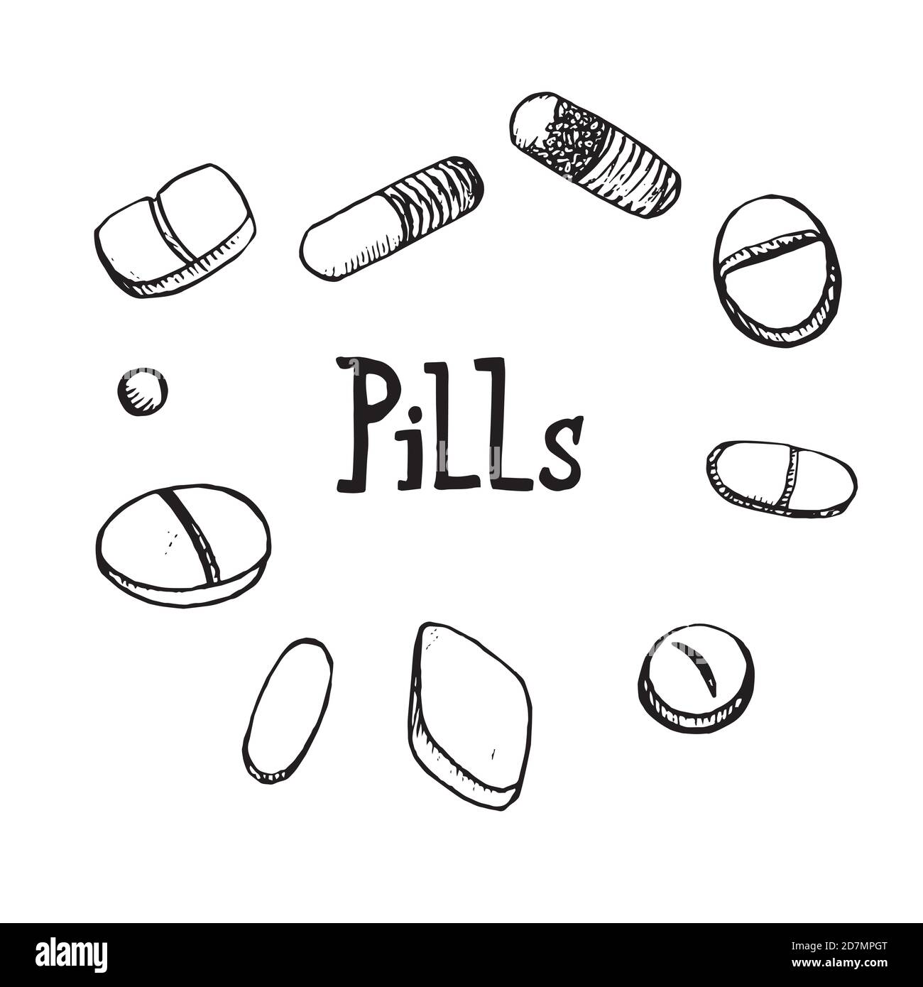 Pillen um Inschrift, handgezeichnete Doodle Skizze, isolierte Umriss Illustration Stockfoto