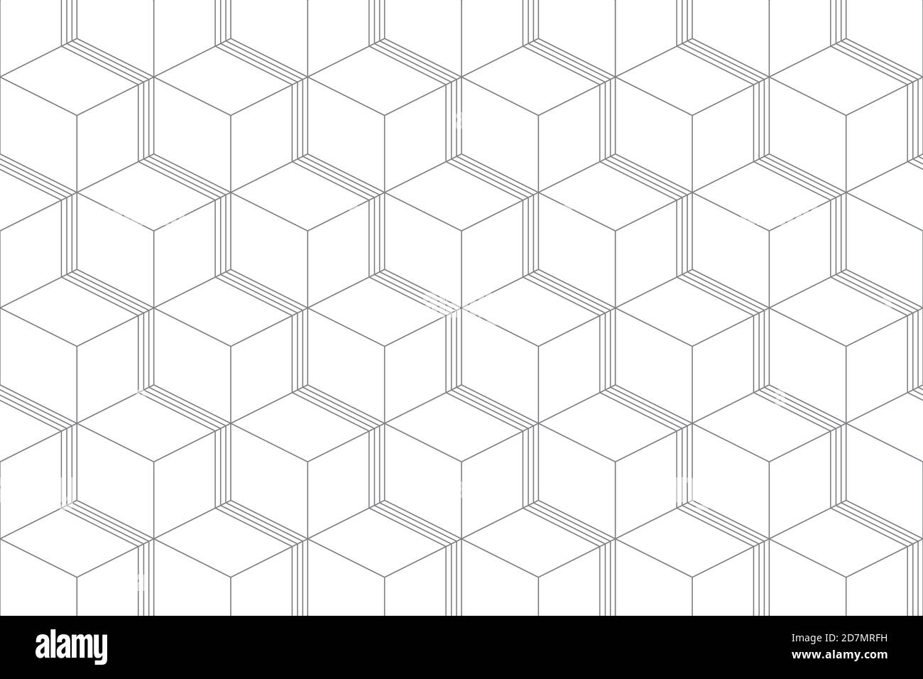 Nahtloses, abstraktes Hintergrundmuster mit Linien, die Würfel bilden. Moderne, einfache, dreidimensionale Vektorkunst Stockfoto