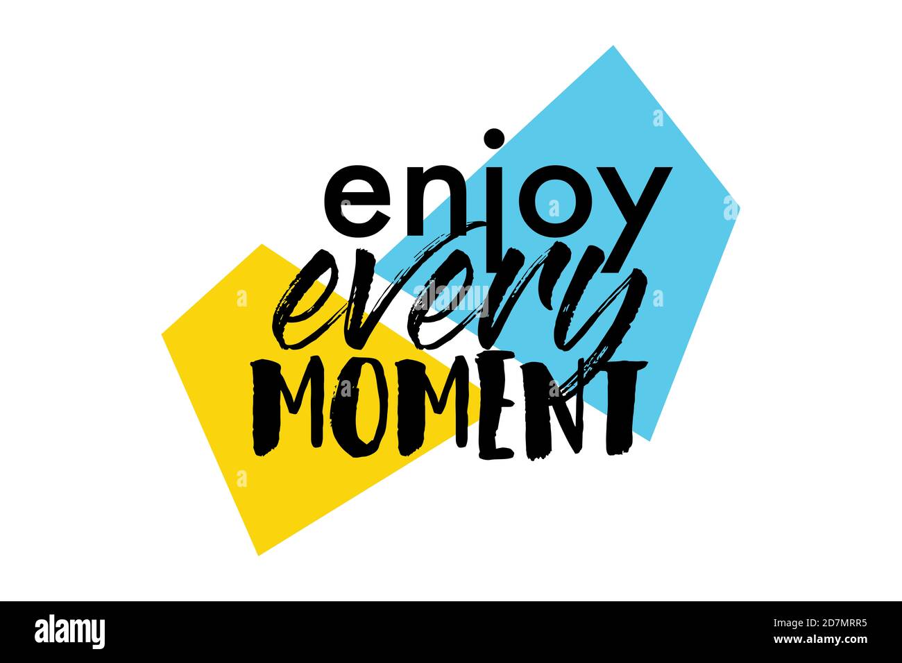 Modernes, verspieltes Grafikdesign mit dem Sprichwort "Enjoy every Moment" mit trapezförmigen geometrischen Formen in Gelb, Blau und Schwarz. Urbane Typografie. Stockfoto