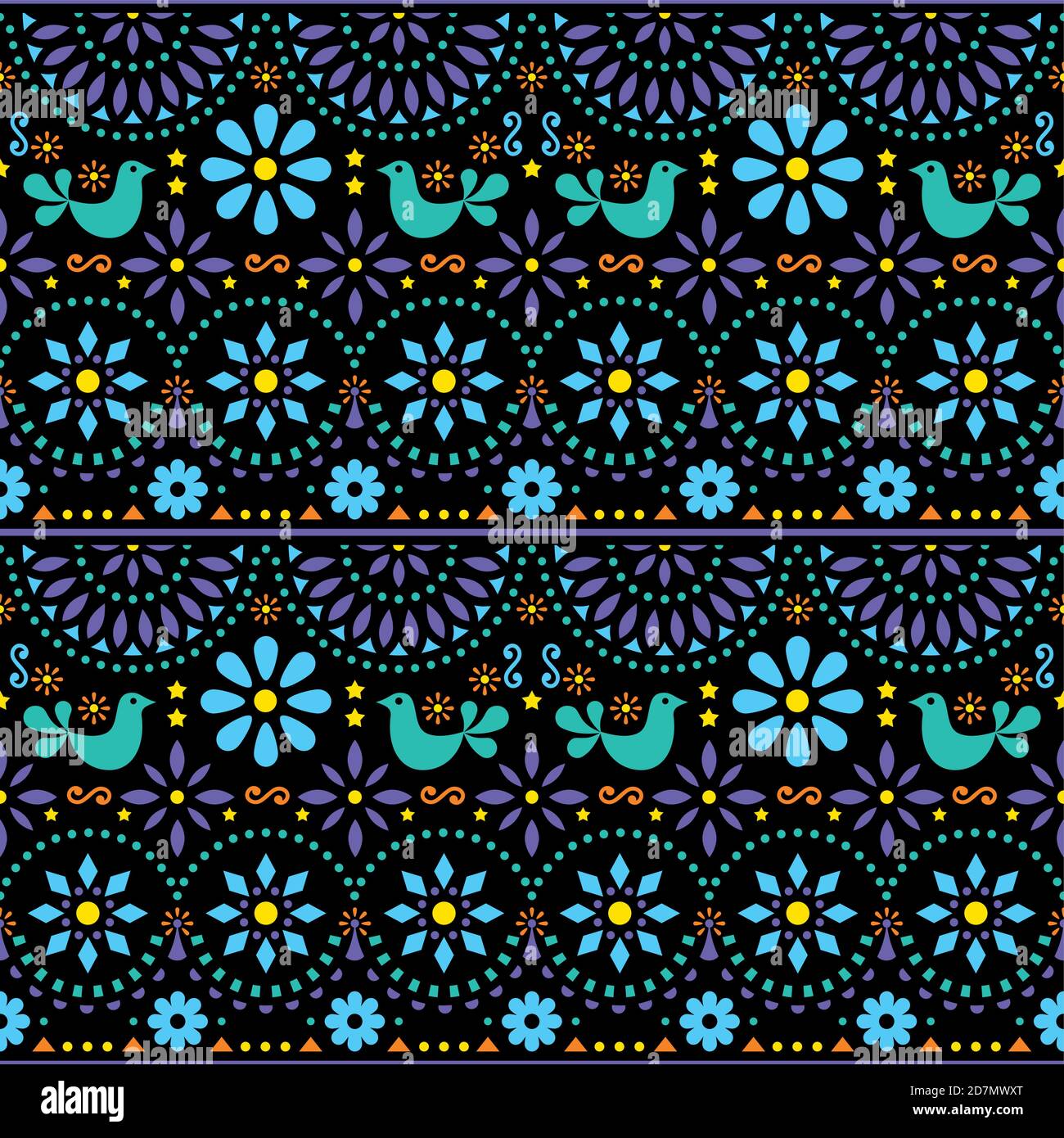 Mexikanische Volkskunst Vektor nahtlose geometrische Muster mit Blumen, Fiesta-Design von der traditionellen Kunst aus Mexiko in grün und blau auf schwarzem Rücken inspiriert Stock Vektor
