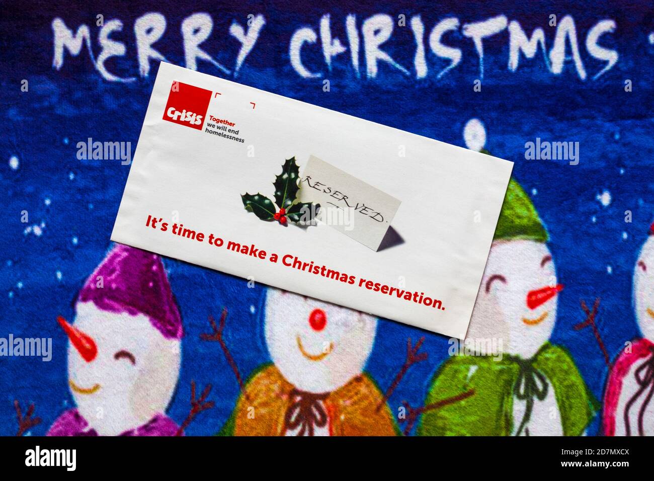 Post on Christmas mat - Charity-Appell, Krise gemeinsam werden wir Obdachlosigkeit zu beenden - es ist Zeit, eine Weihnachtsreservierung machen - Frohe Weihnachten Stockfoto