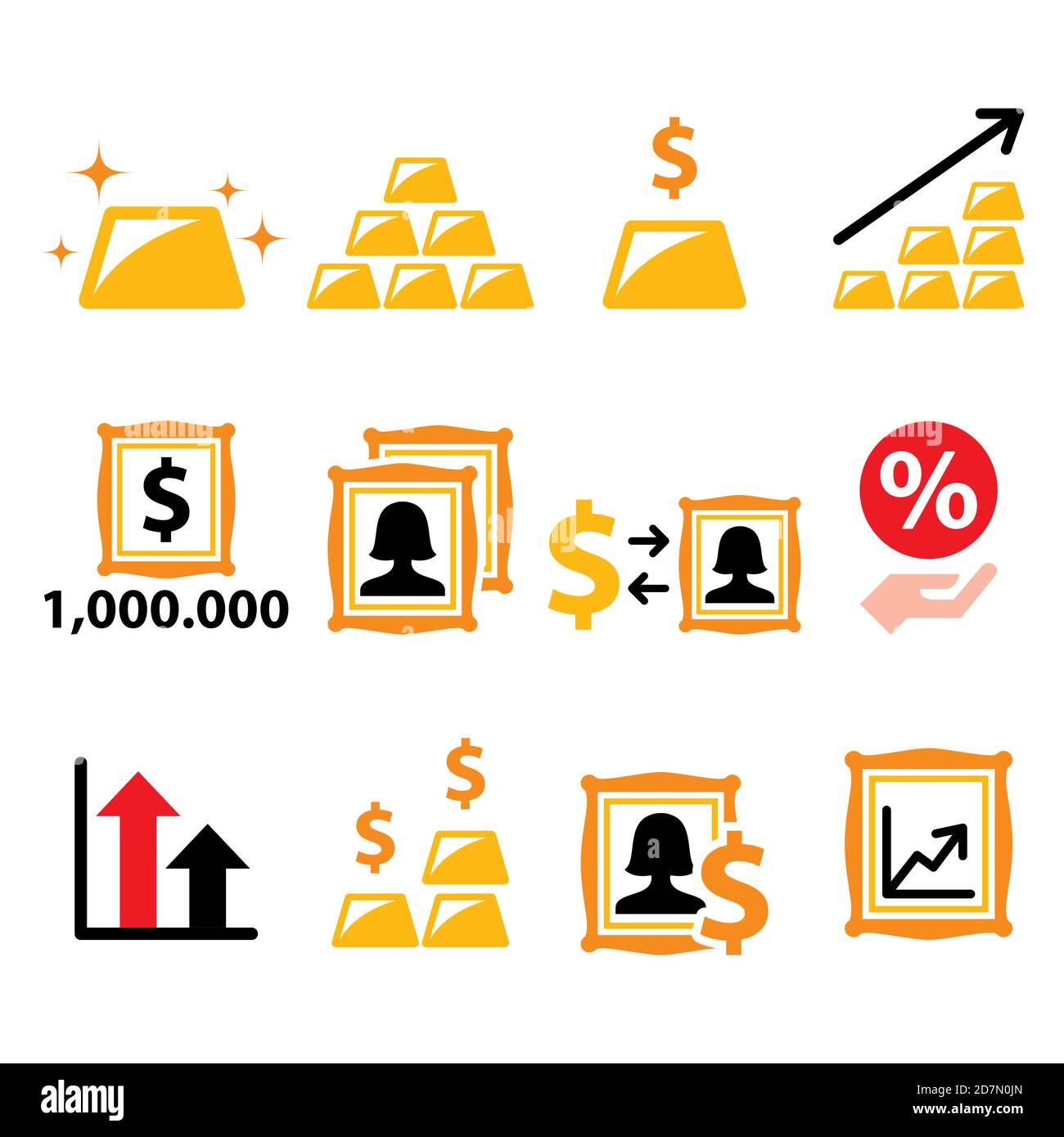 Alternative Investments - Geld in Gold und Kunst investieren, Finanz-Vektor-Icons gesetzt Stock Vektor