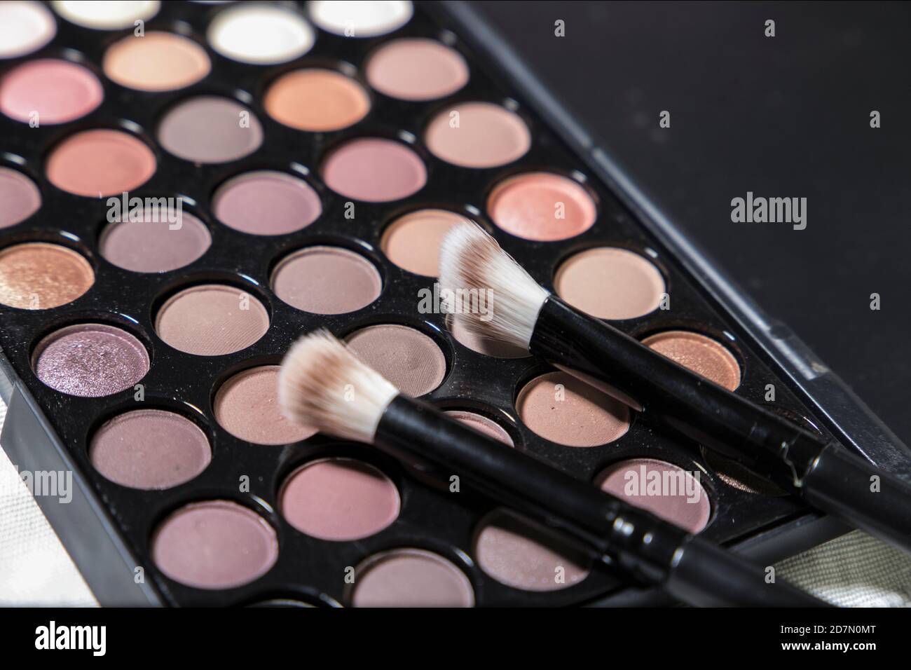 Make-up Palette mit verschiedenen Farben und einem Pinsel zum Auftragen Make-up. Stockfoto