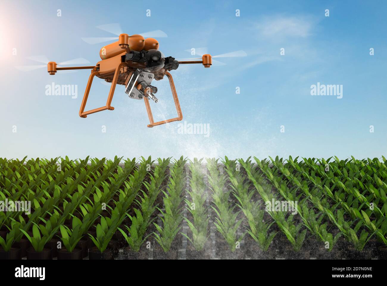 Landtechnik-Konzept mit 3d-Rendering Drohne fliegen über Gemüse Garten Stockfoto