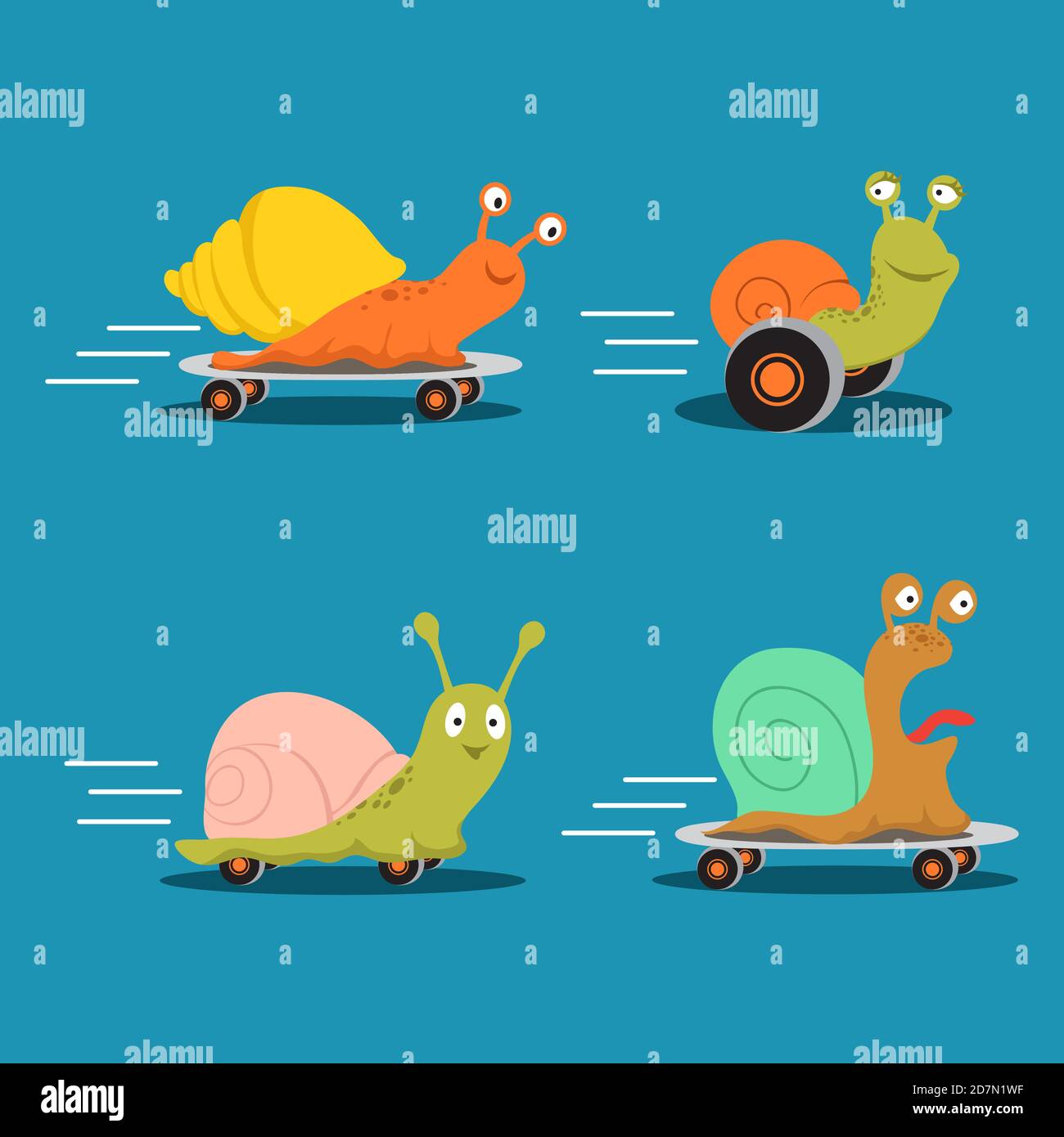 Schnelle Zeichen Schnecken Cartoon Vektor des Satzes. Illustration der schnellen Schnecke auf Skate, glücklich langsam Tier Stock Vektor