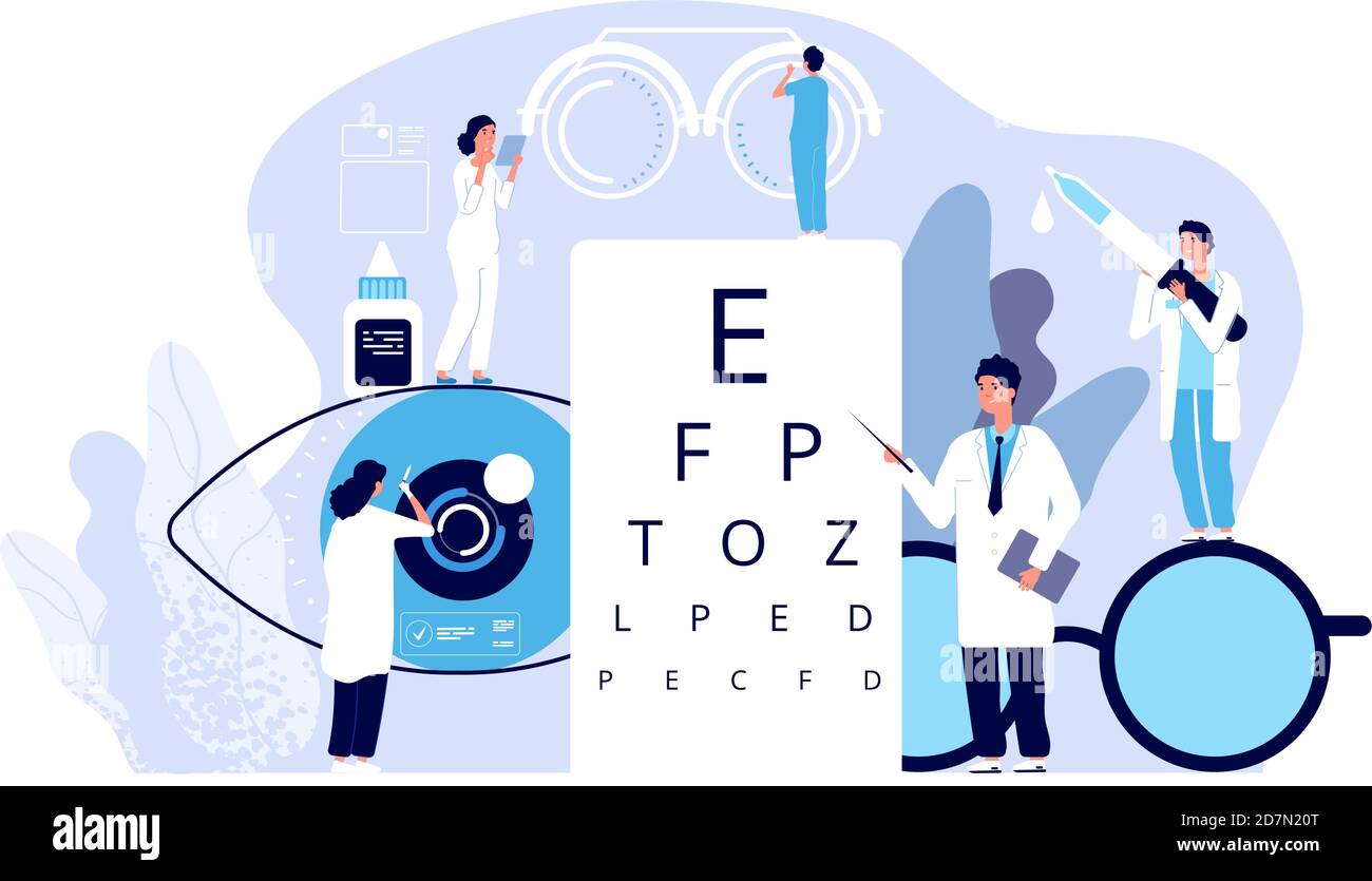 Konzept der Augenheilkunde. Augenarzt überprüft die Sehkraft des Patienten. Optische Augen Test, Brillen-Technologie. Vektor gute Sicht Hintergrund. Augenheilkunde Medizin, optische Sehkraft Untersuchung Illustration Stock Vektor