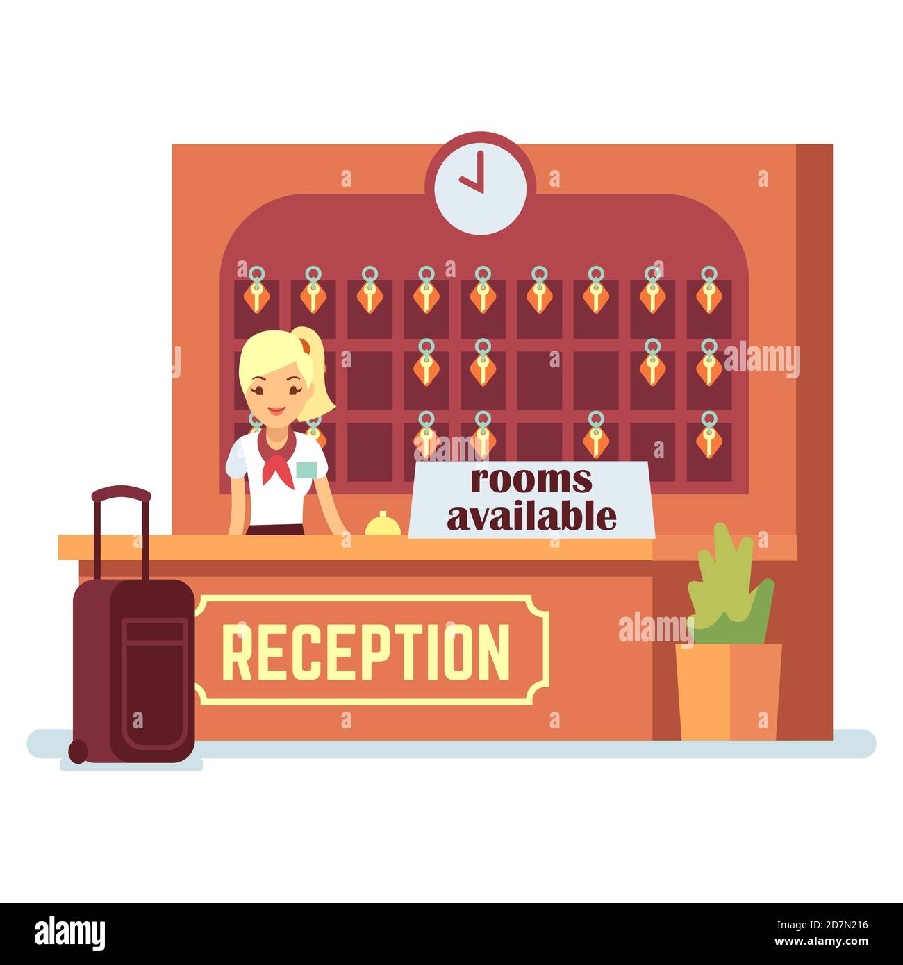 Vektorgrafik Zimmer verfügbar. Cartoon Figur Mädchen und Check-in-Schalter im Hotel oder Hostel. Zimmer an der Rezeption verfügbar Stock Vektor