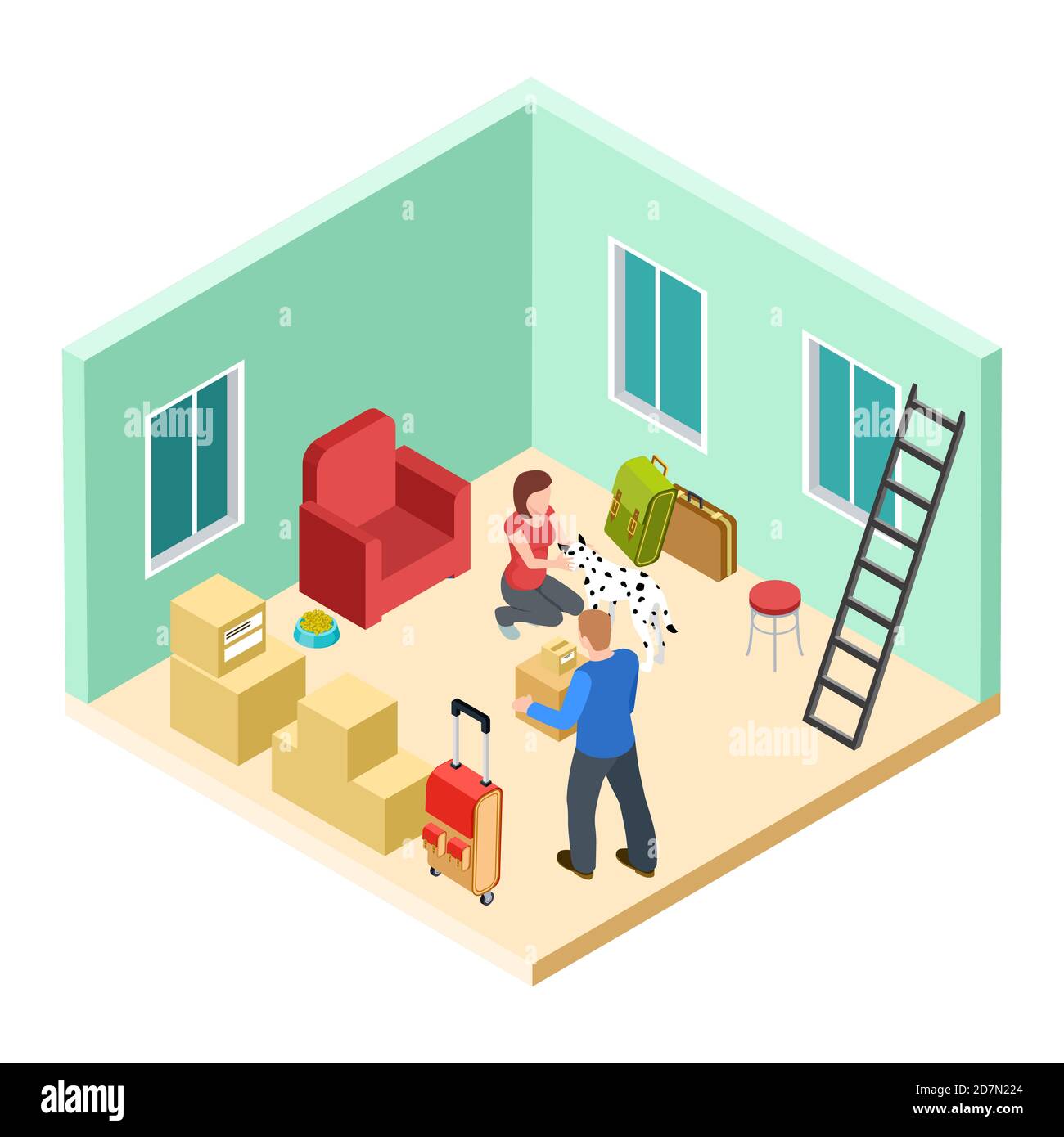 Junges Paar mit einem Hund zieht in eine neue Wohnung isometrische Vektor-Illustration. Paar Mann und Frau zusammen in neue Wohnung Stock Vektor