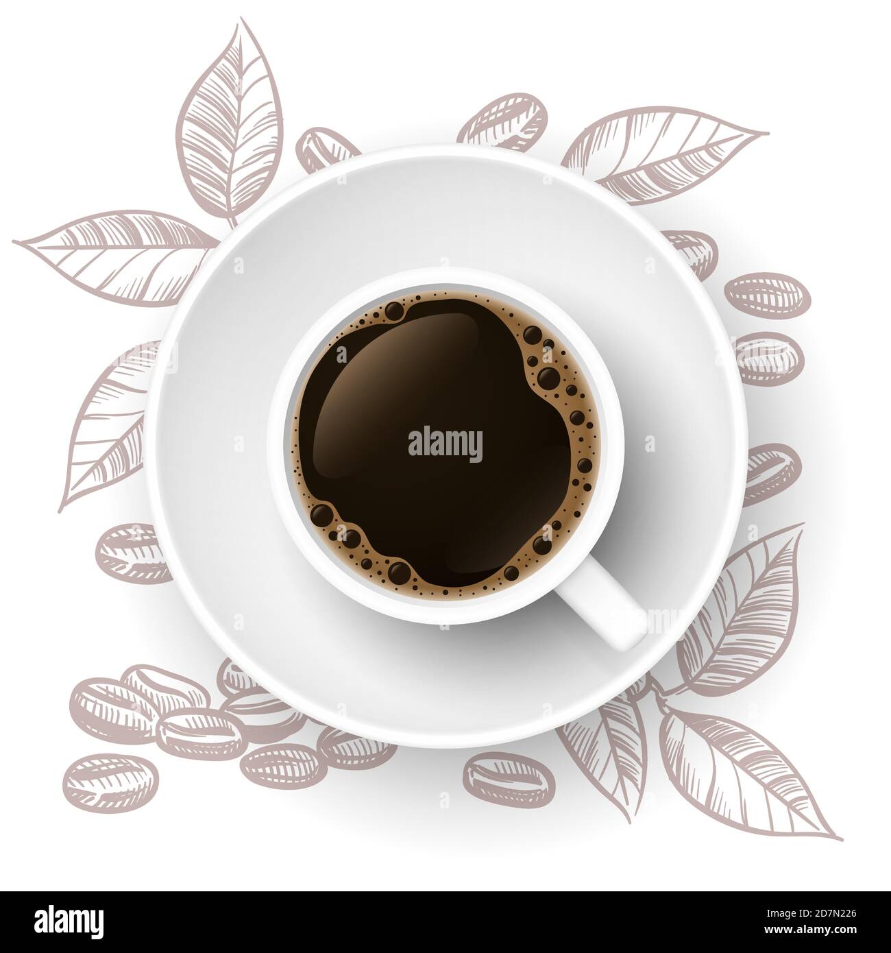 Hintergrund der Kaffeestuben mit realistischer Tasse und handgezeichneten Bohnen. Tasse Kaffee, Frühstück Café Illustration Stock Vektor
