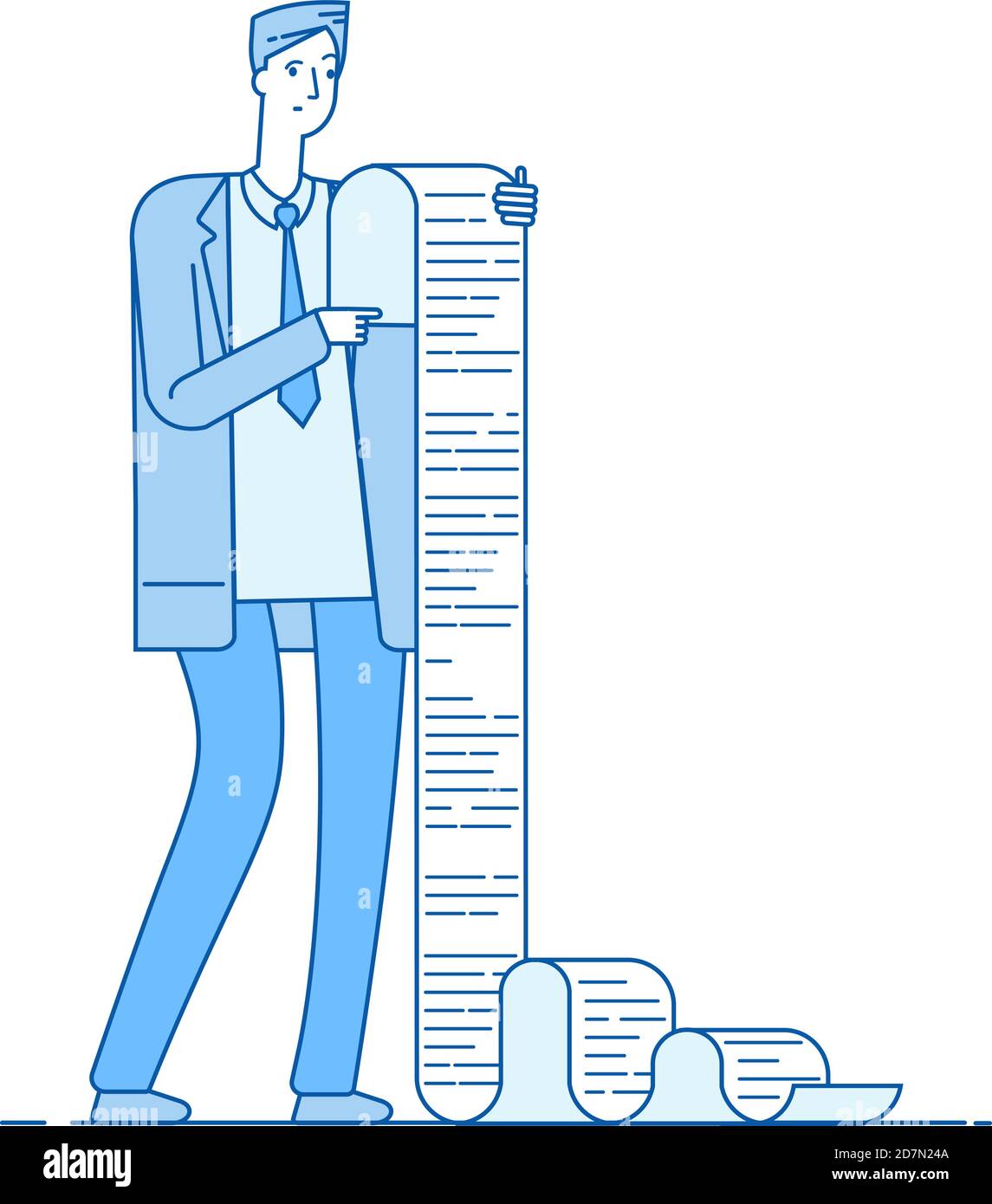 Mann mit langer Liste. Geschäftsmann liest lange Liste Steuerdokument. Verwirrt professionelle Papier Problem Insolvenz Business Vektor Konzept. Illustration des Geschäftsmannes mit langer Schriftrolle Stock Vektor
