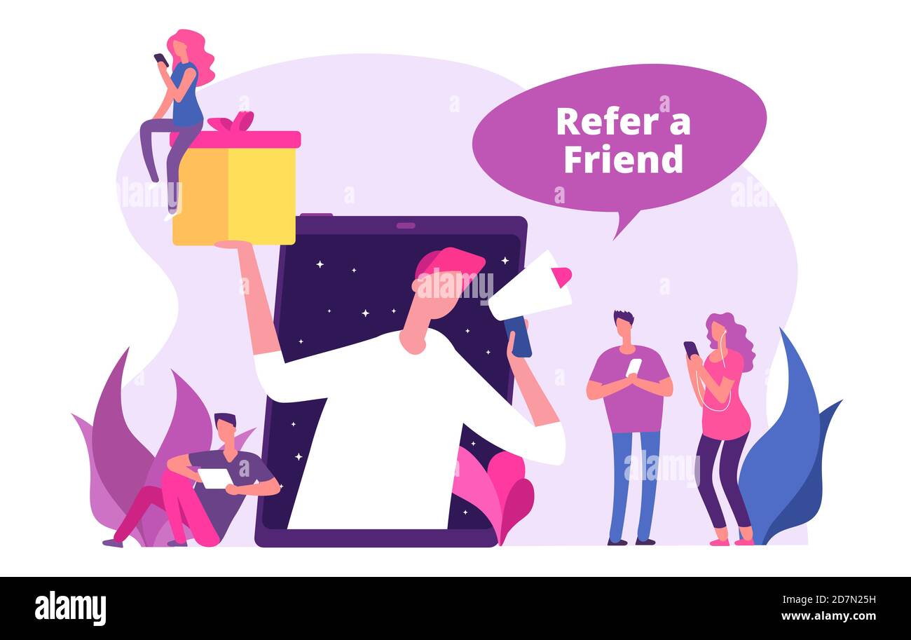 Empfehlen Sie eine Freunde Vektorgrafik. Mann mit Megaphon bietet Empfehlung Geschenke. Empfehlung des Programms, Empfehlung und Ankündigung Stock Vektor