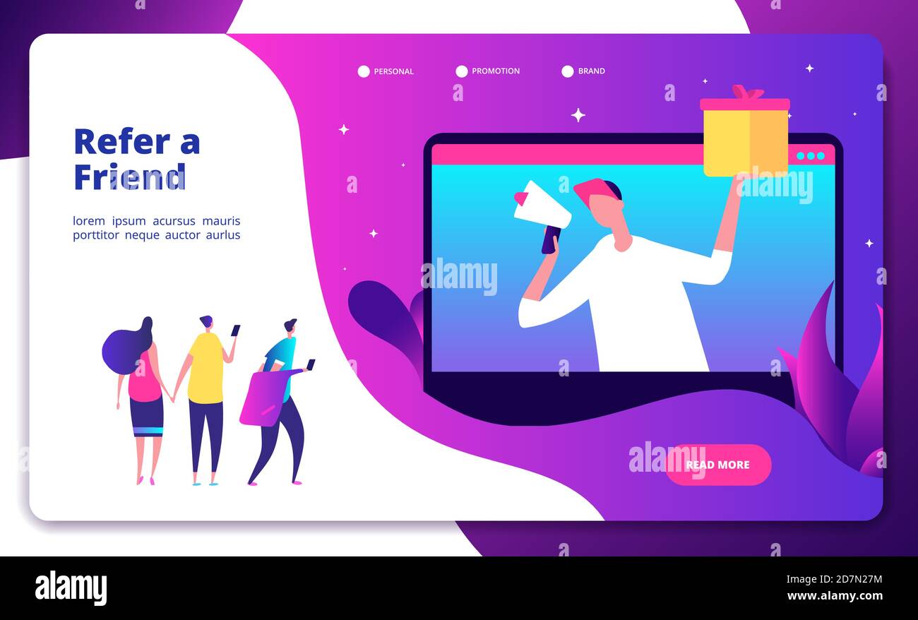 Empfehlungskonzept. Freunde empfehlen Freunde Buzzwords freundliche Empfehlungen Marketing-Empfehlungen Schreien Vektor Landing Page. Empfehlungsbefreund empfohlen, Illustration für Netzwerk-Unternehmen Stock Vektor