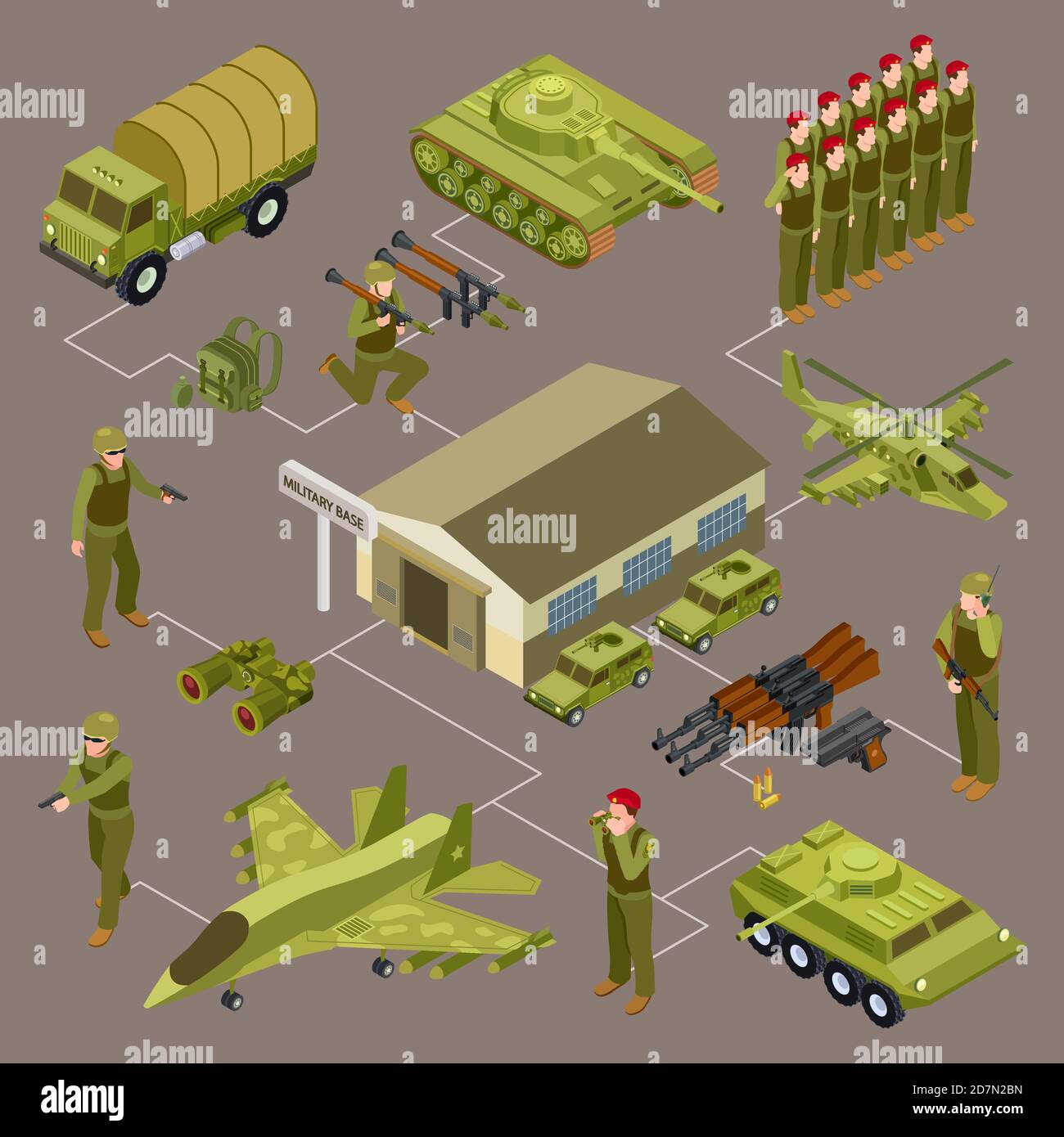 Militärbasis isometrisches Vektor-Konzept mit Soldaten und militärischen Venicles. Illustration der militärischen Waffe, 3d-Transport und Soldat Stock Vektor