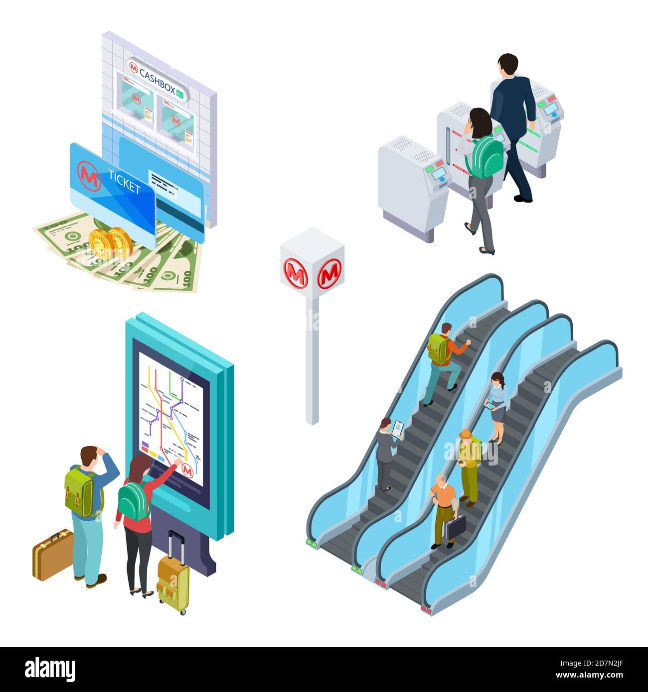 Isometrische Metro-Elemente. U-Bahn-Rolltreppe, Drehkreuz, Infoschalter mit Personen. 3d unterirdische isometrische Transport, Station und Drehkreuz Illustration Stock Vektor