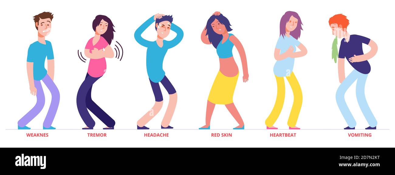 Menschen mit Hitzschlag Symptome Vektor Zeichen. Illustration von Menschen mit Symptomen schwach und Zittern, rote Haut und Erbrechen Stock Vektor
