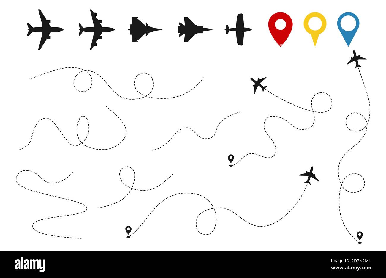 Vektor für Ebenenpfade. Flugzeugverfolgung, Flugzeuge Silhouetten, Position Pins isoliert auf weißem Hintergrund. Darstellung der Fluglinie, Flugreisen mit dem Flugzeug Stock Vektor