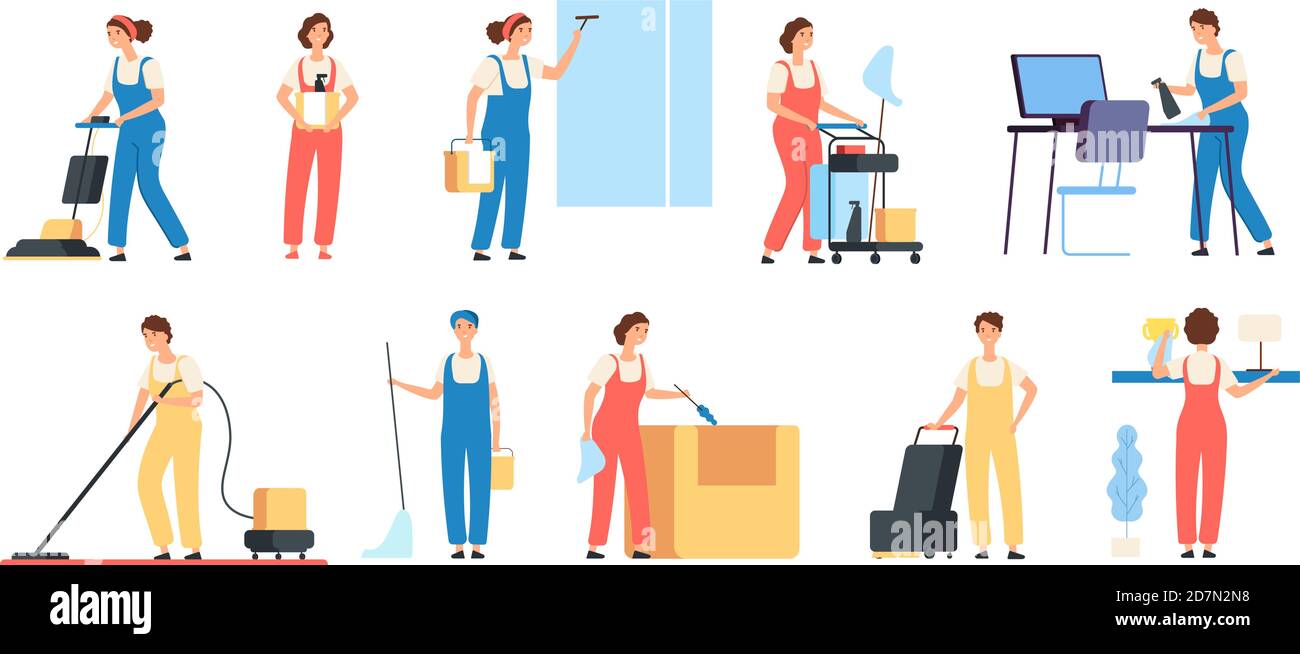 Putzer. Reinigungsservice Arbeiter männliche weibliche Reiniger in Uniform saugen Hausmädchen Haushaltsgeräte Vektor-Zeichen. Illustration von sauberem Personal mit Mopp und Werkzeugen, Zeichenreiniger Stock Vektor