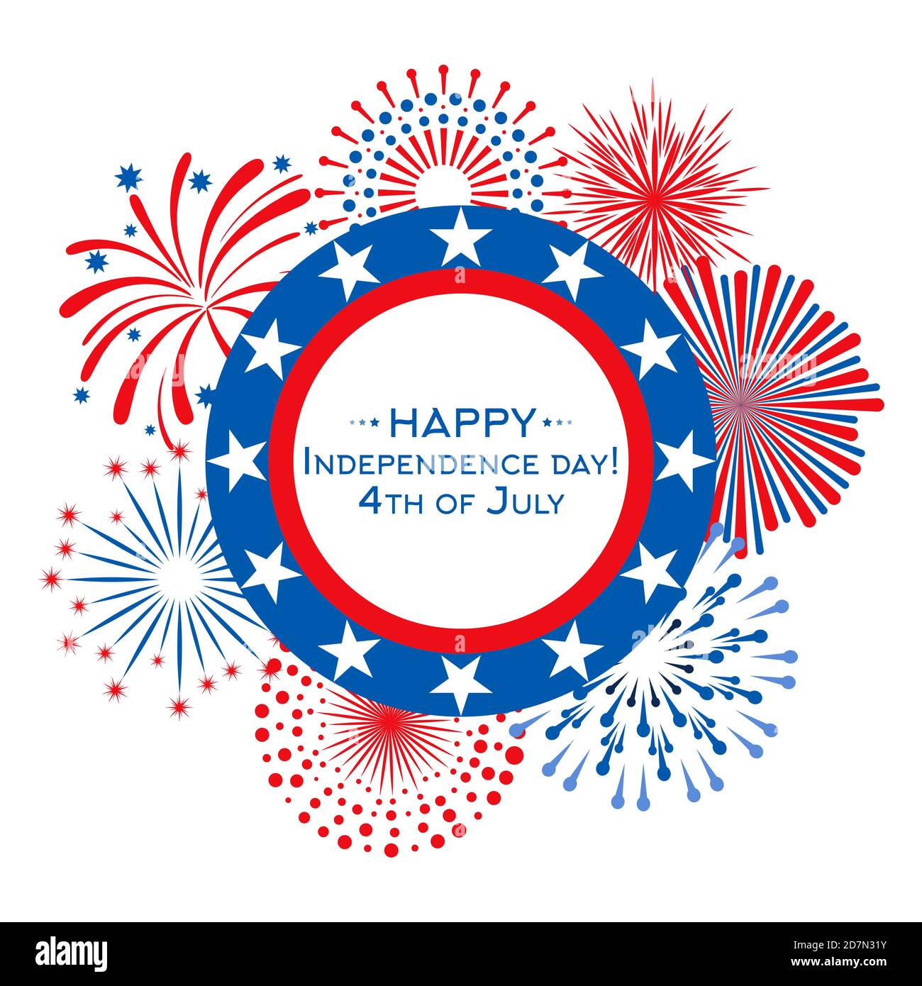 Happy Independence Day Vektorkarte mit Feuerwerk. Banner-Vorlage für den 4. Juli. Illustration des Unabhängigkeitstages des usa-Labels Stock Vektor