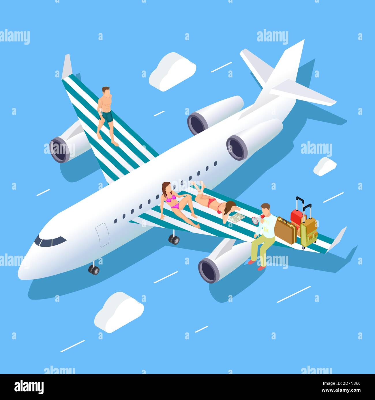 Isometrisches Flug-Sommer-Vektor-Konzept mit entspannenden Menschen, Gepäck und Travel Manager. Illustration des Sommerurlaubs, Flugzeug mit Menschen auf Flügeln Stock Vektor