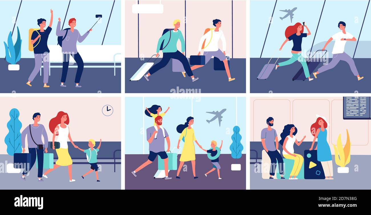 Touristen Flughafen. Menschen mit Gepäck in internationalen Flughafen-Terminal Passagiere gehen Sommerurlaub Transport Vektor-Konzept. Illustration von Reisenden im Flughafen, Terminal Reisen Stock Vektor