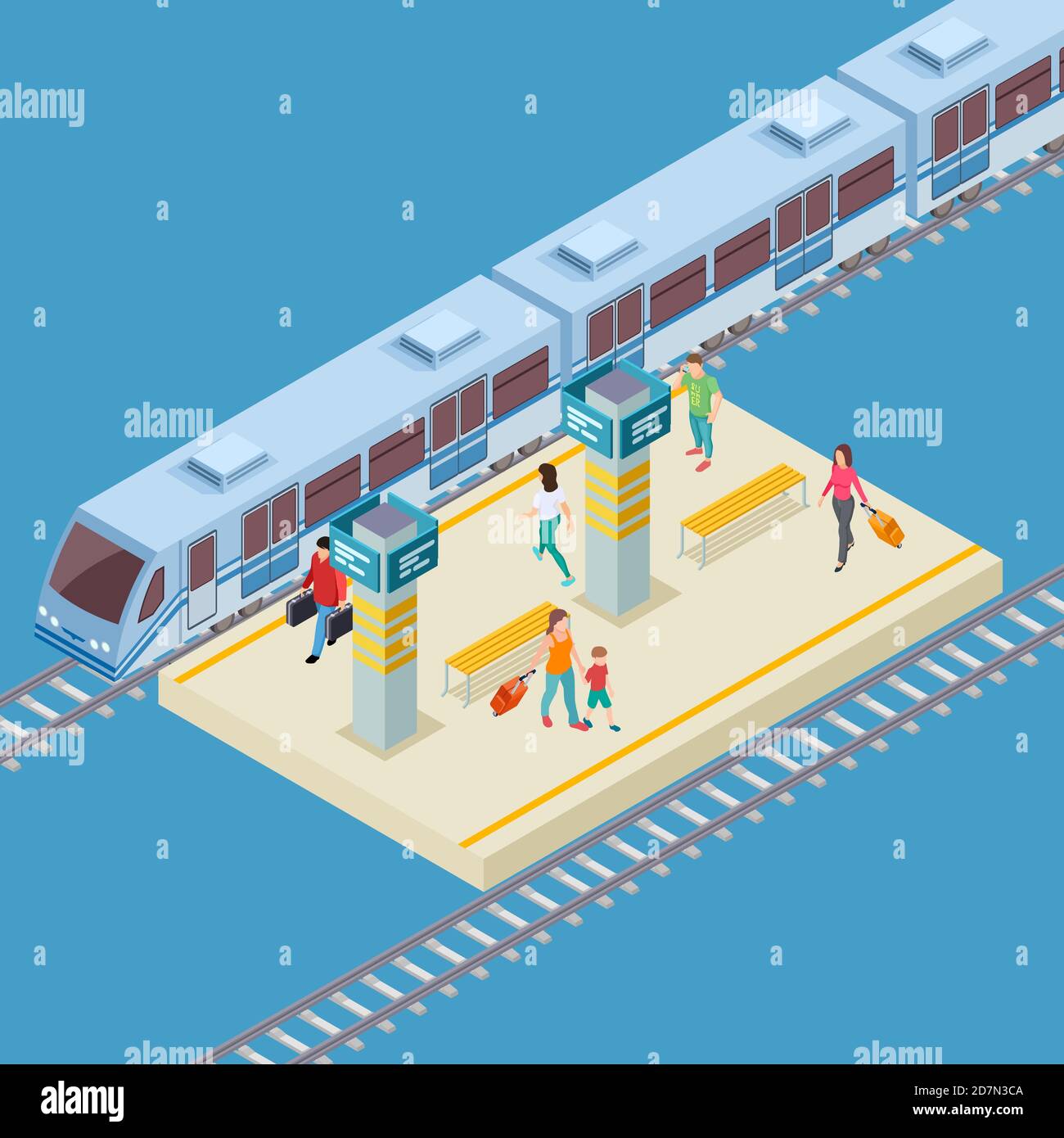 Isometrische 3d Stadt Bahnhof Vektor Lage. Darstellung der Bahninfrastruktur, des öffentlichen Personenverkehrs Stock Vektor